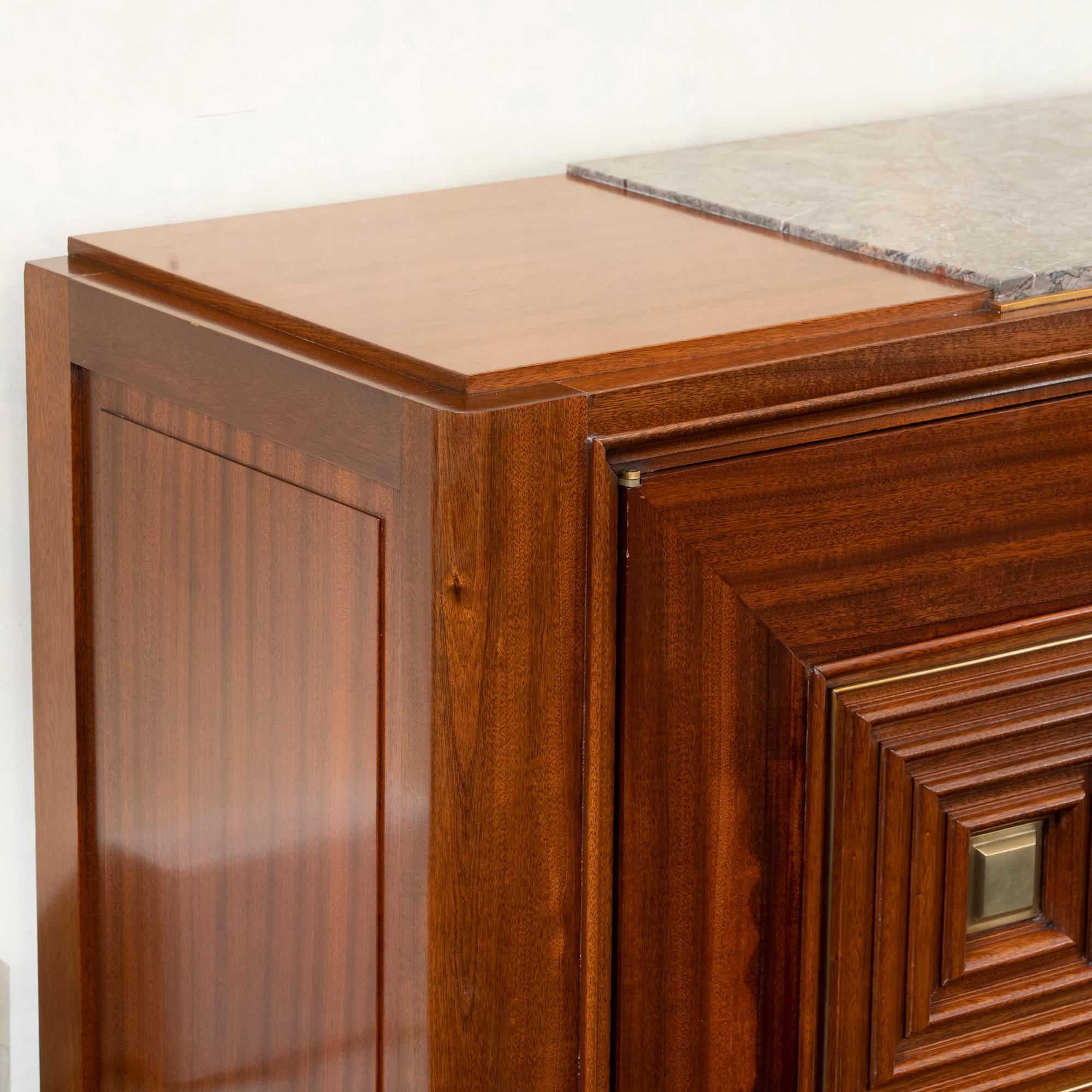 Art Deco 1940s French Maxime Old Mahogany Sideboard, Original Marble Top, Brass Details