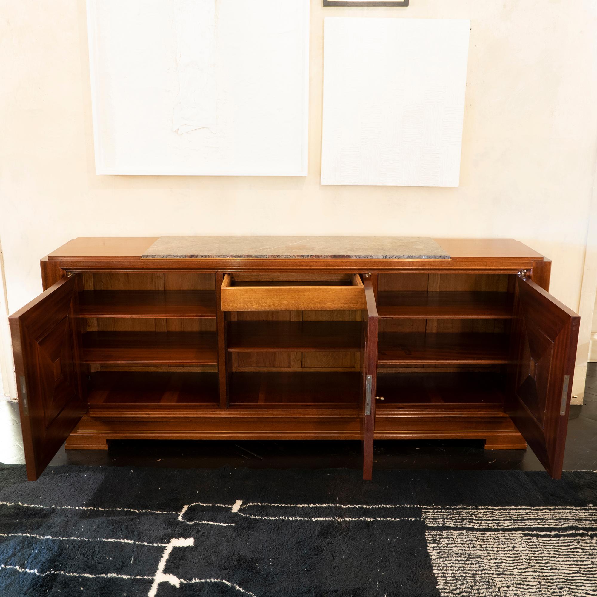 1940s French Maxime Old Mahogany Sideboard, Original Marble Top, Brass Details In Good Condition In Firenze, IT
