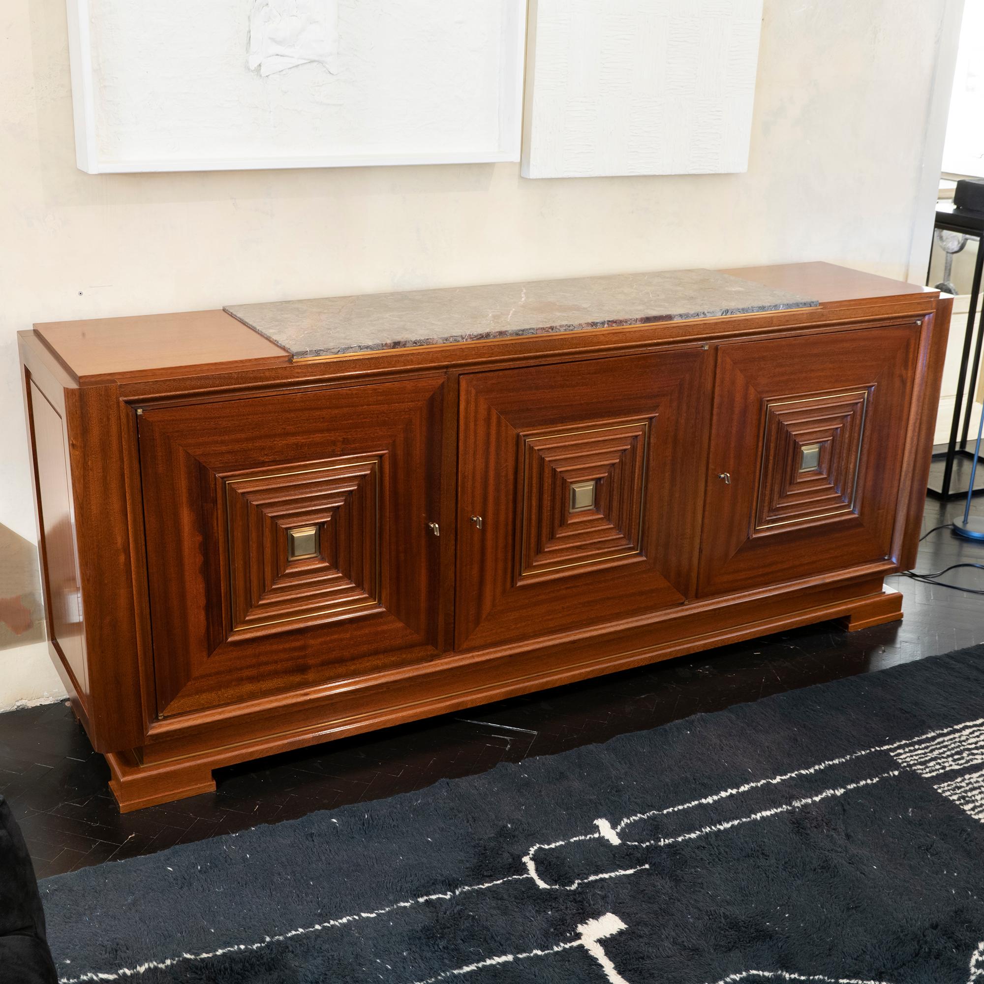 1940s French Maxime Old Mahogany Sideboard, Original Marble Top, Brass Details 1