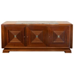 1940s French Maxime Old Mahogany Sideboard, Original Marble Top, Brass Details