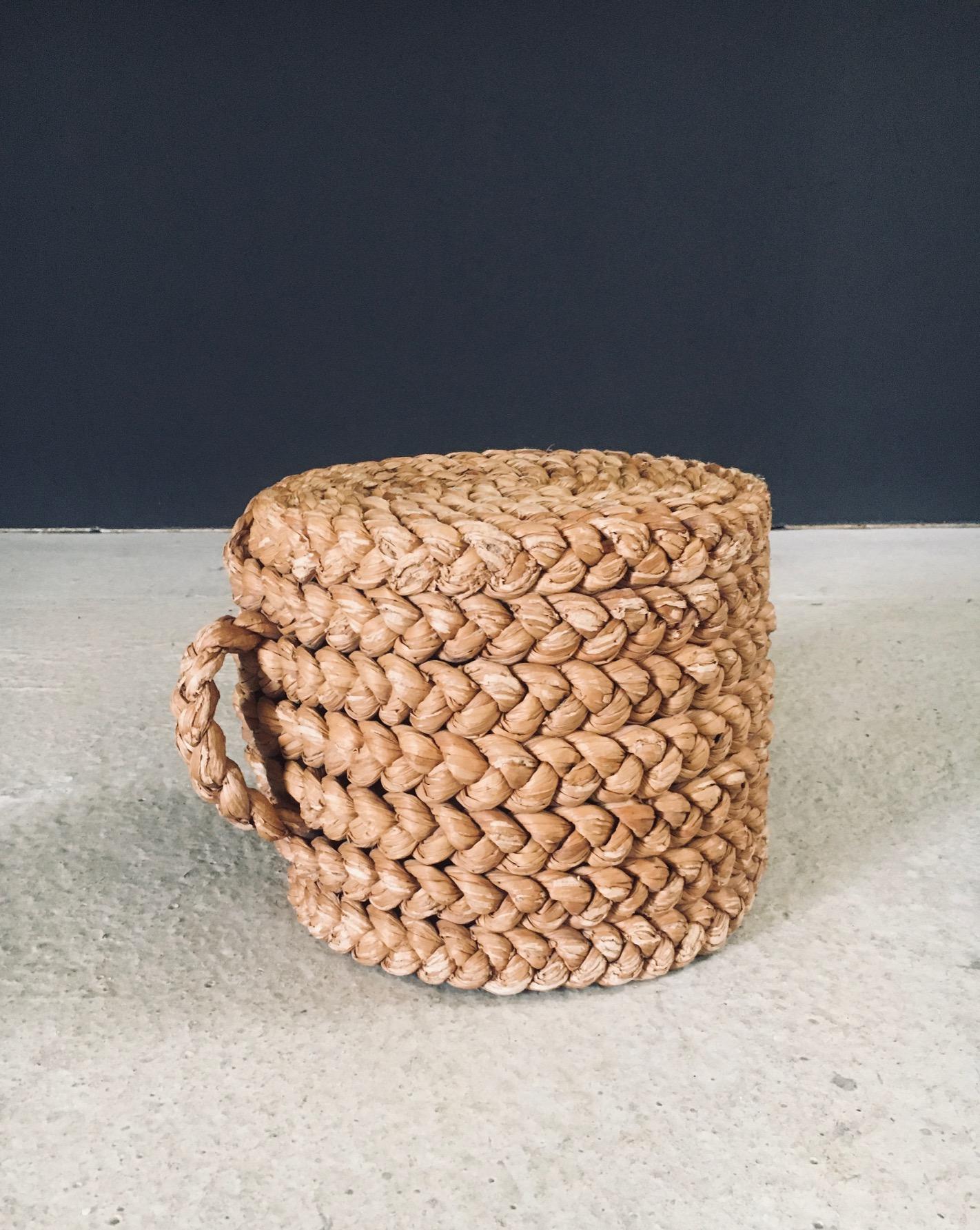 Vintage RARE French Mediterranean Design Low Stool Rope Stool or Side Table by Adrien Audoux & Frida Minet. Made in France, 1940's / 50's period. Round woven abaca rope small stool or side table with handle. This comes in very good original