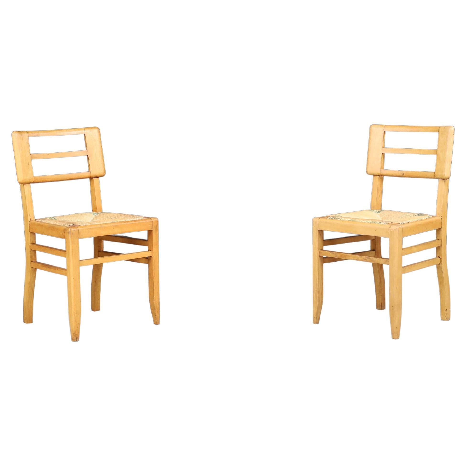 1940s French Mid-Century Modern Oak and Cane Side Chairs by Pierre Cruège