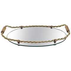 1940s French Mirror and Brass Serving Tray with Twist Detail