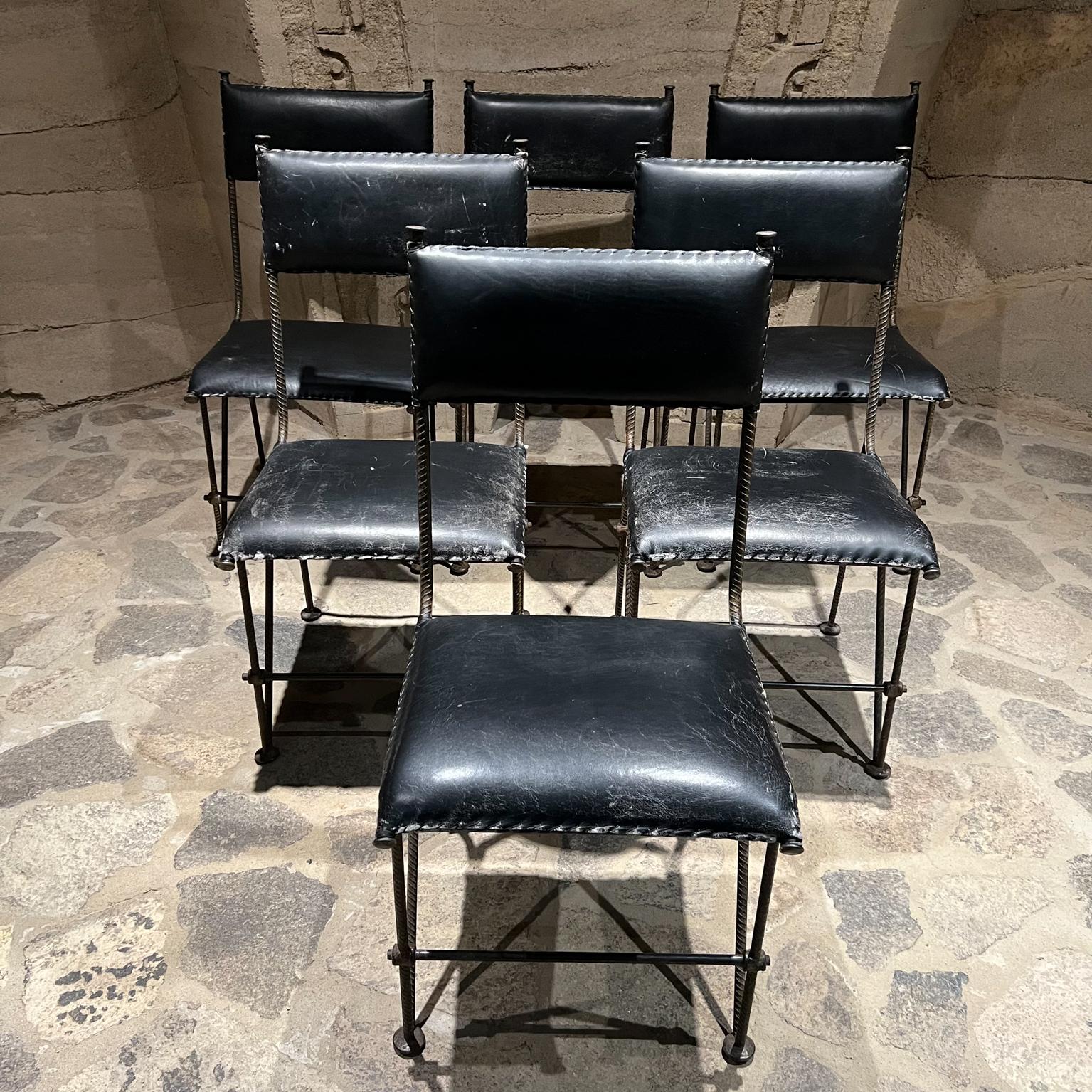 6 vintage chairs
French Modernism Vintage set of 6 leather dining chairs made in Mexico, circa 1940s 
French-influenced sculptural design similar to Jacques Adnet
Stamped Espino hecho Mexico.
Constructed using Braided iron black leather with