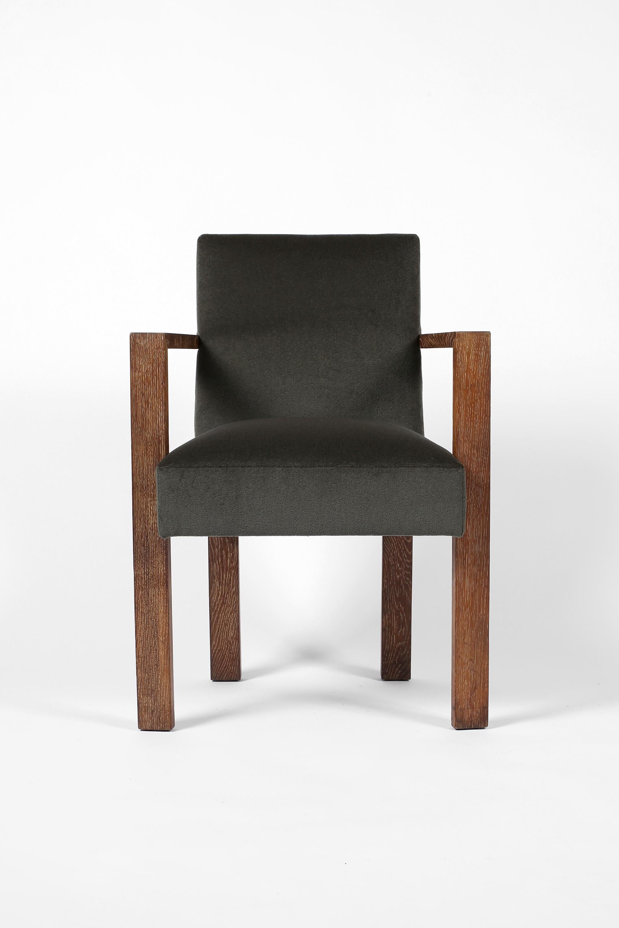 A chic modernist Art Deco armchair with cubic frame in limed oak, reupholstered in Alexander - ‘Loden’ - a muted green-grey wool mohair by Dedar Milano. French, c. 1940.