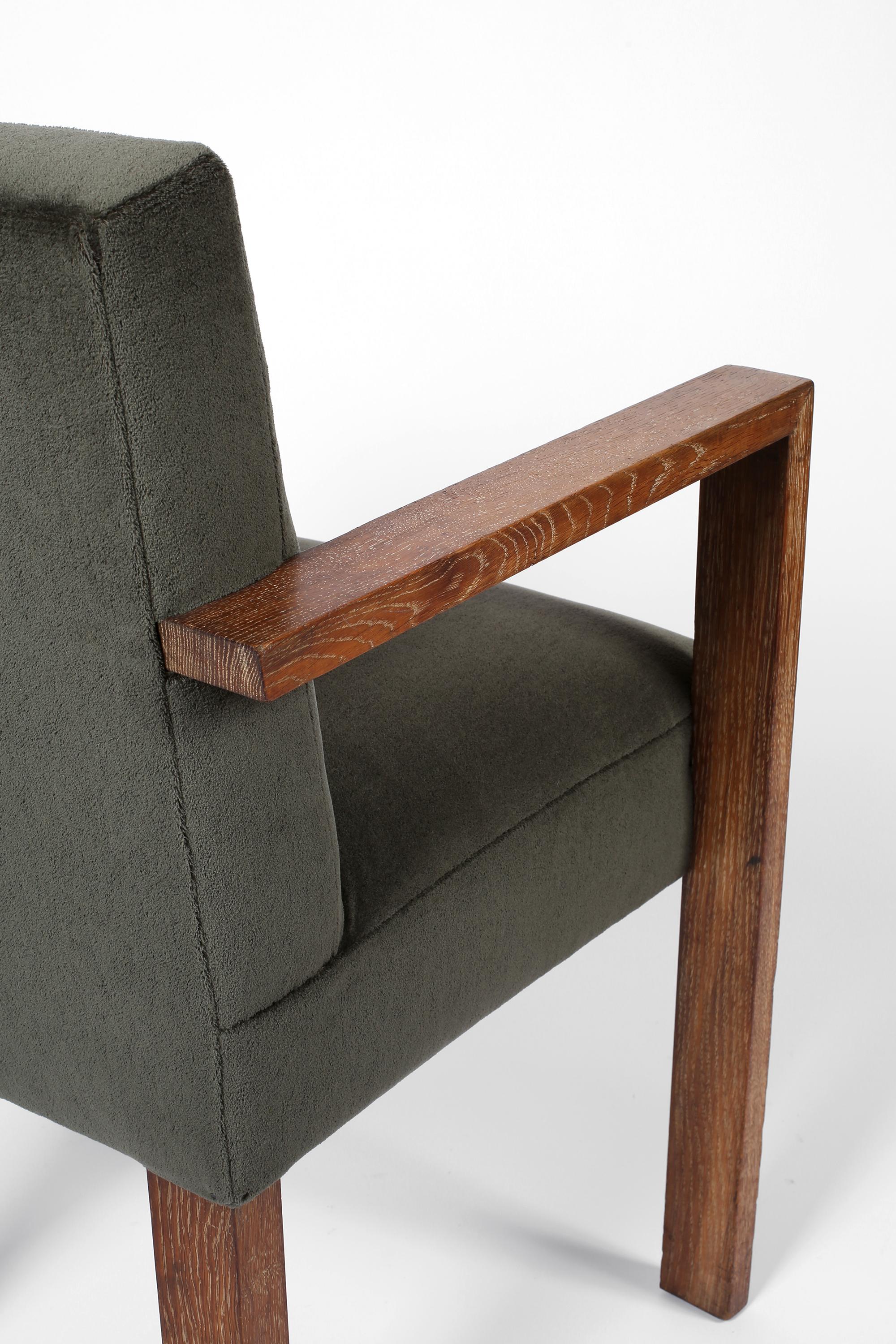 1940s French Modernist Armchair in Limed Oak and Mohair For Sale 3
