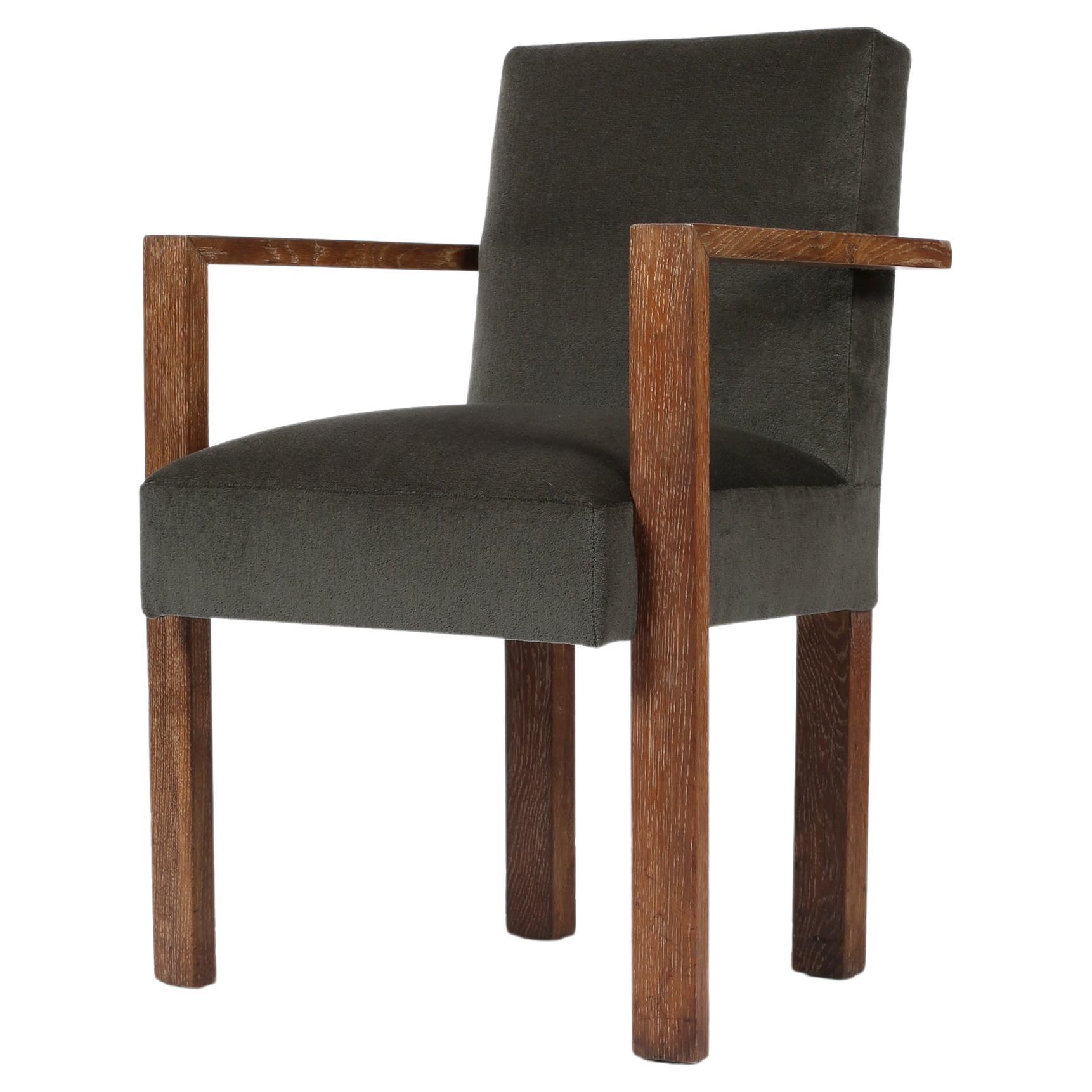 1940s French Modernist Armchair in Limed Oak and Mohair For Sale