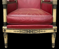 1940s French Neo-Classical Style Carved Bergere Chair W/ Red Leather