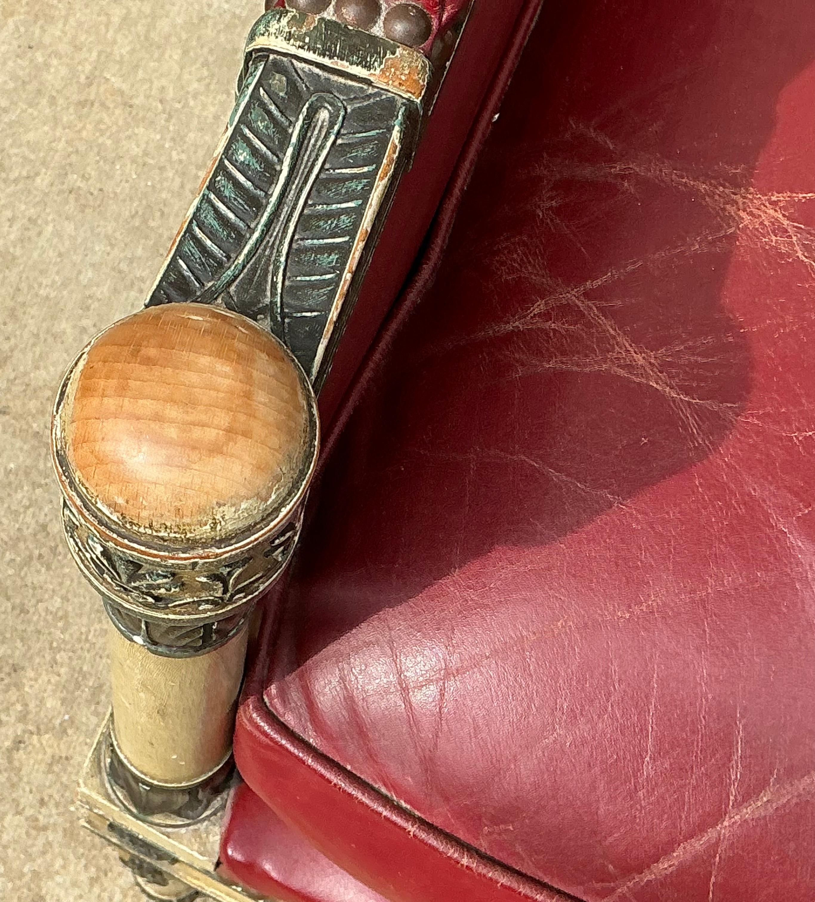 Neoclassical 1940s French Neo-Classical Style Carved Bergere Chair W/ Red Leather For Sale
