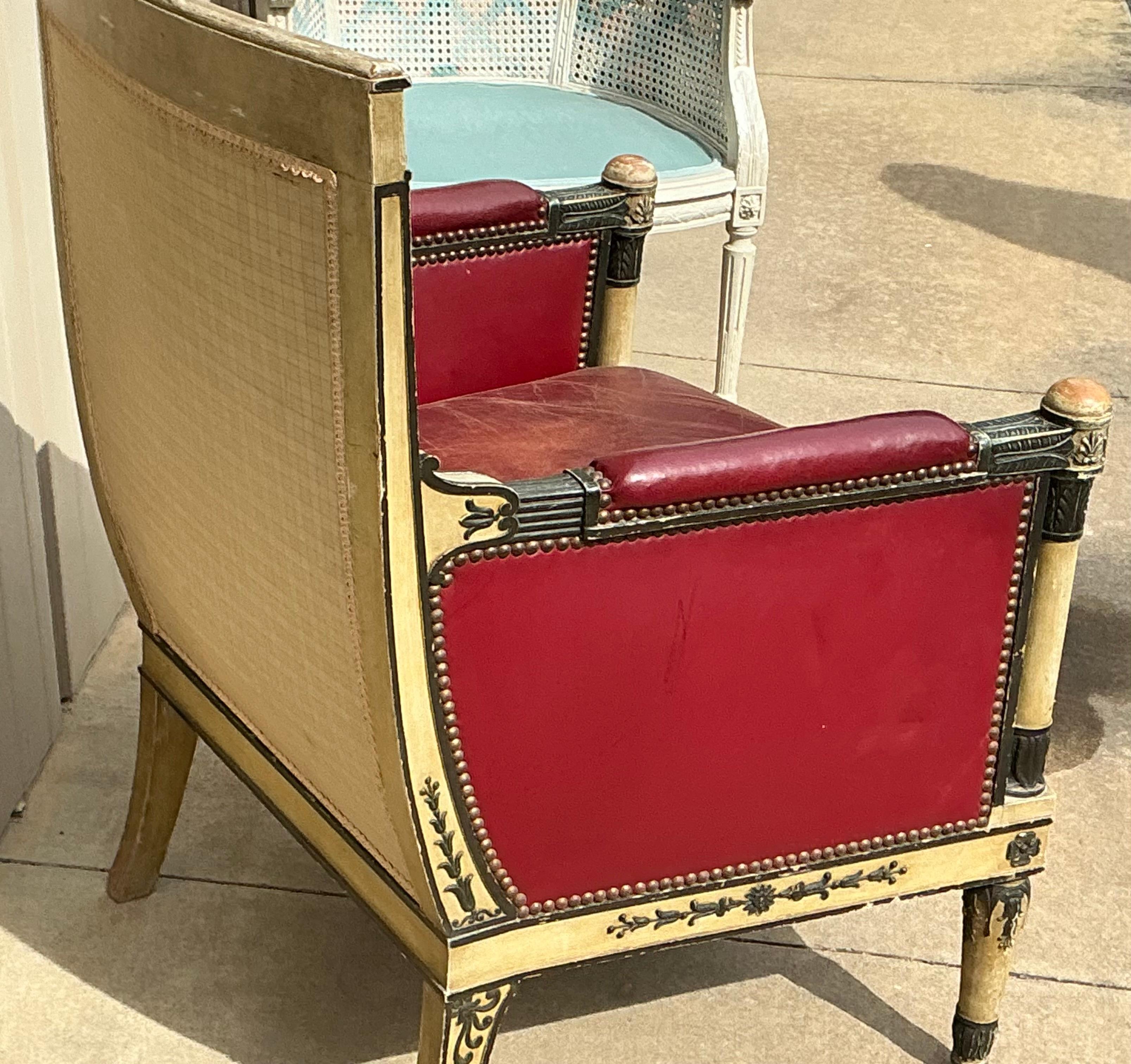 American 1940s French Neo-Classical Style Carved Bergere Chair W/ Red Leather For Sale