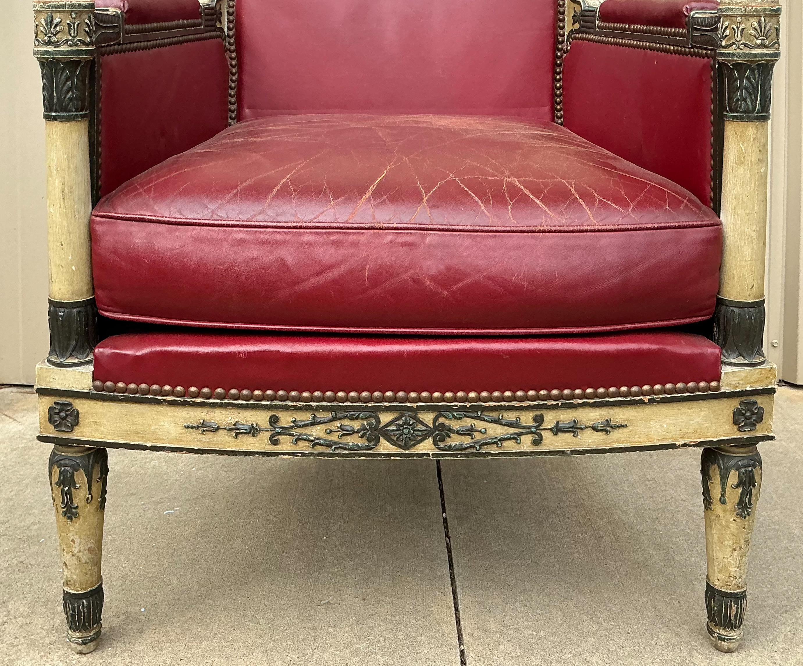 1940s French Neo-Classical Style Carved Bergere Chair W/ Red Leather In Good Condition For Sale In Kennesaw, GA