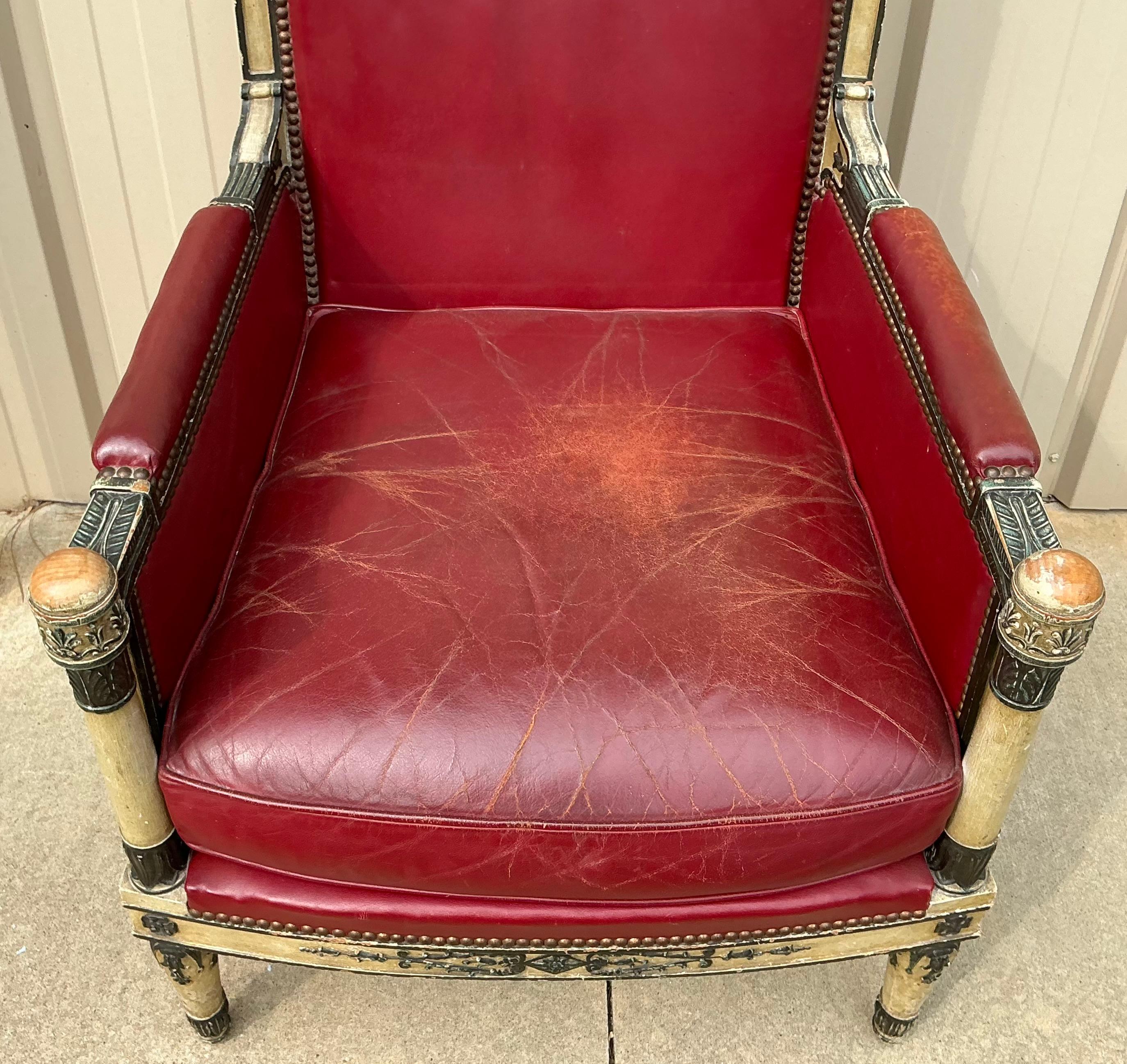 Wood 1940s French Neo-Classical Style Carved Bergere Chair W/ Red Leather For Sale