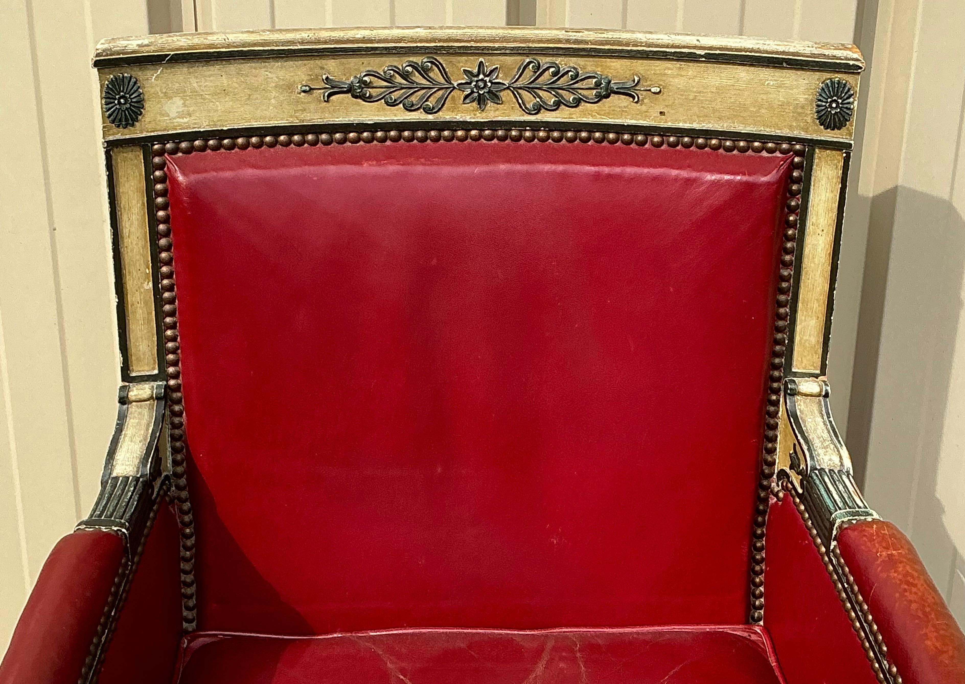 1940s French Neo-Classical Style Carved Bergere Chair W/ Red Leather For Sale 1