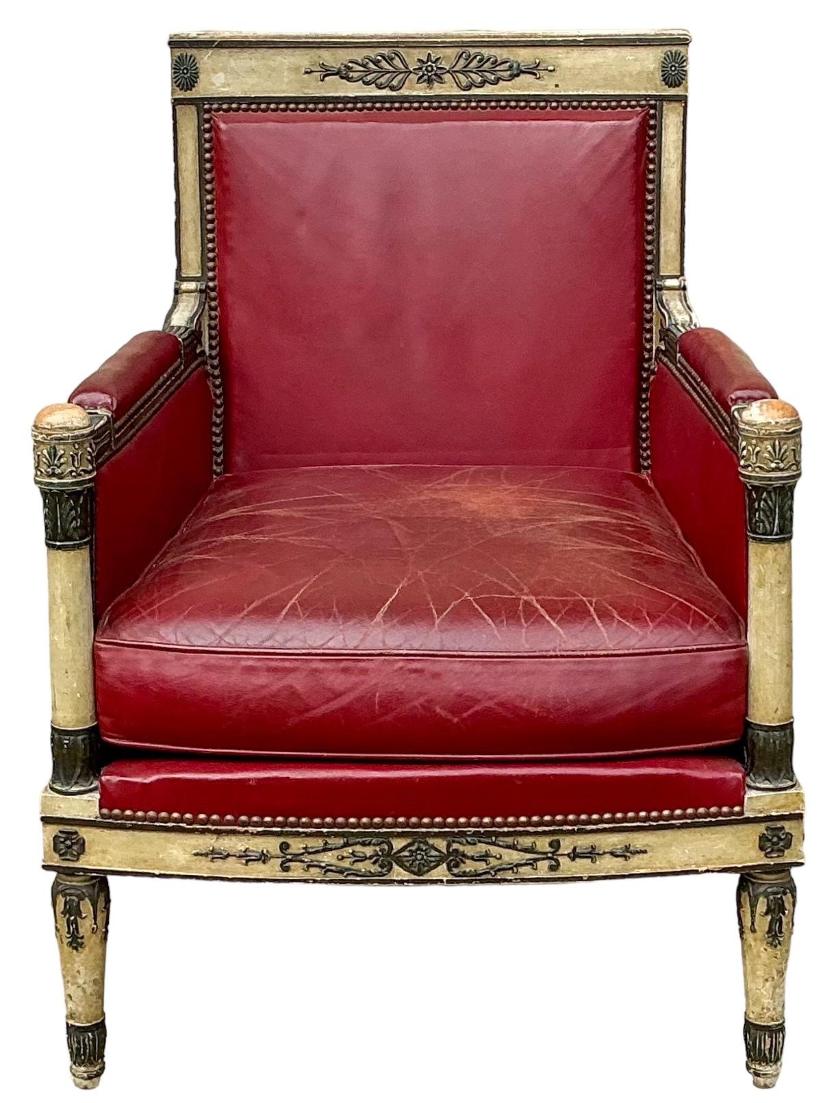 1940s French Neo-Classical Style Carved Bergere Chair W/ Red Leather For Sale 2