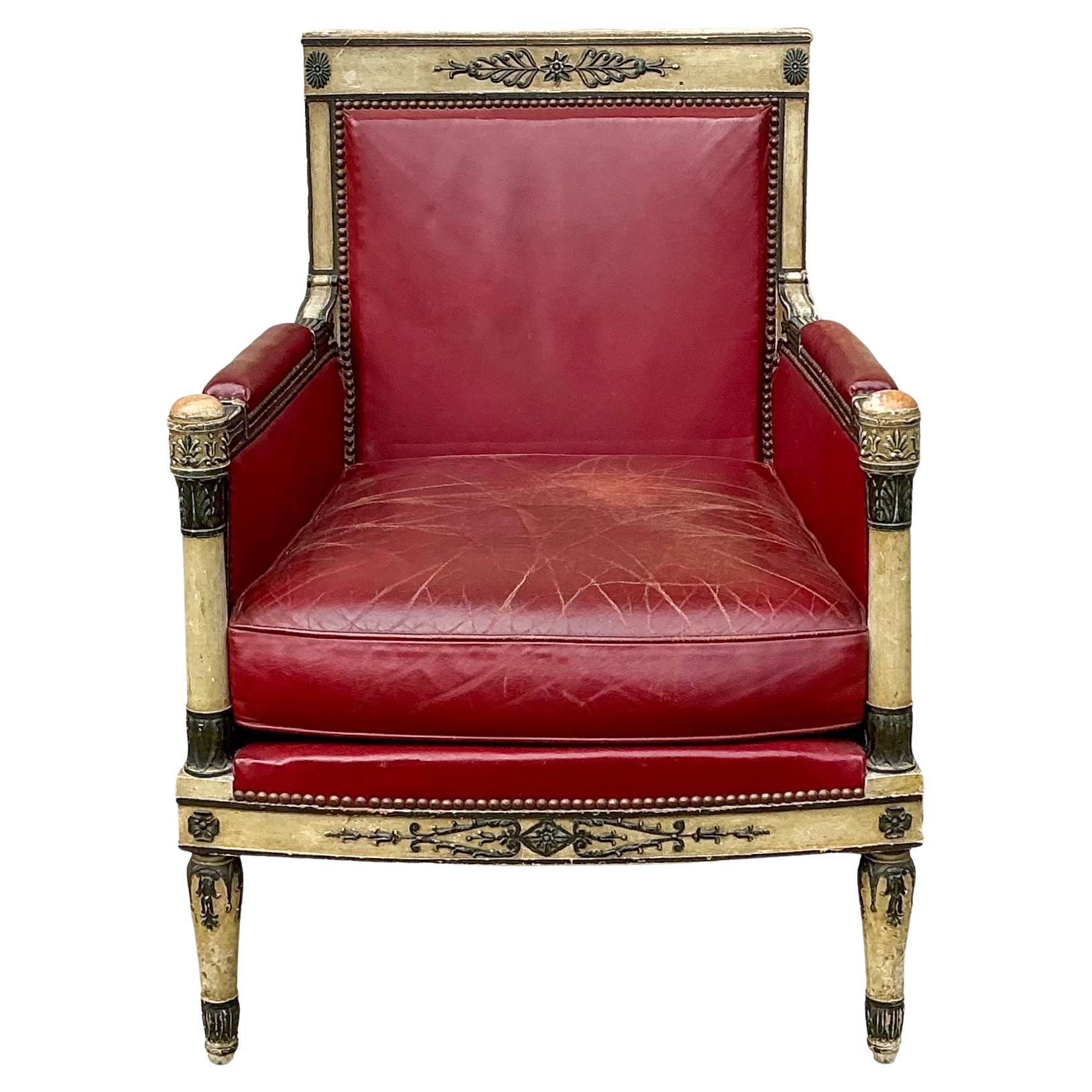 1940s French Neo-Classical Style Carved Bergere Chair W/ Red Leather For Sale