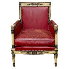 Vintage 1940s French Neo-Classical Style Carved Bergere Chair W/ Red Leather