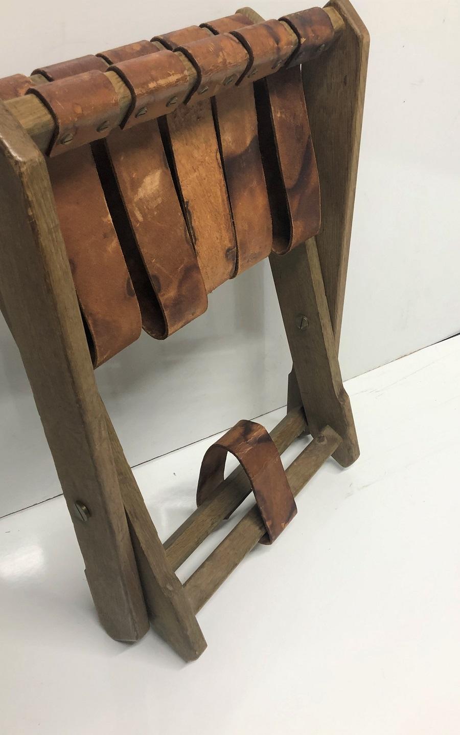 1940s French Oak and Leather Folding Stool For Sale 2