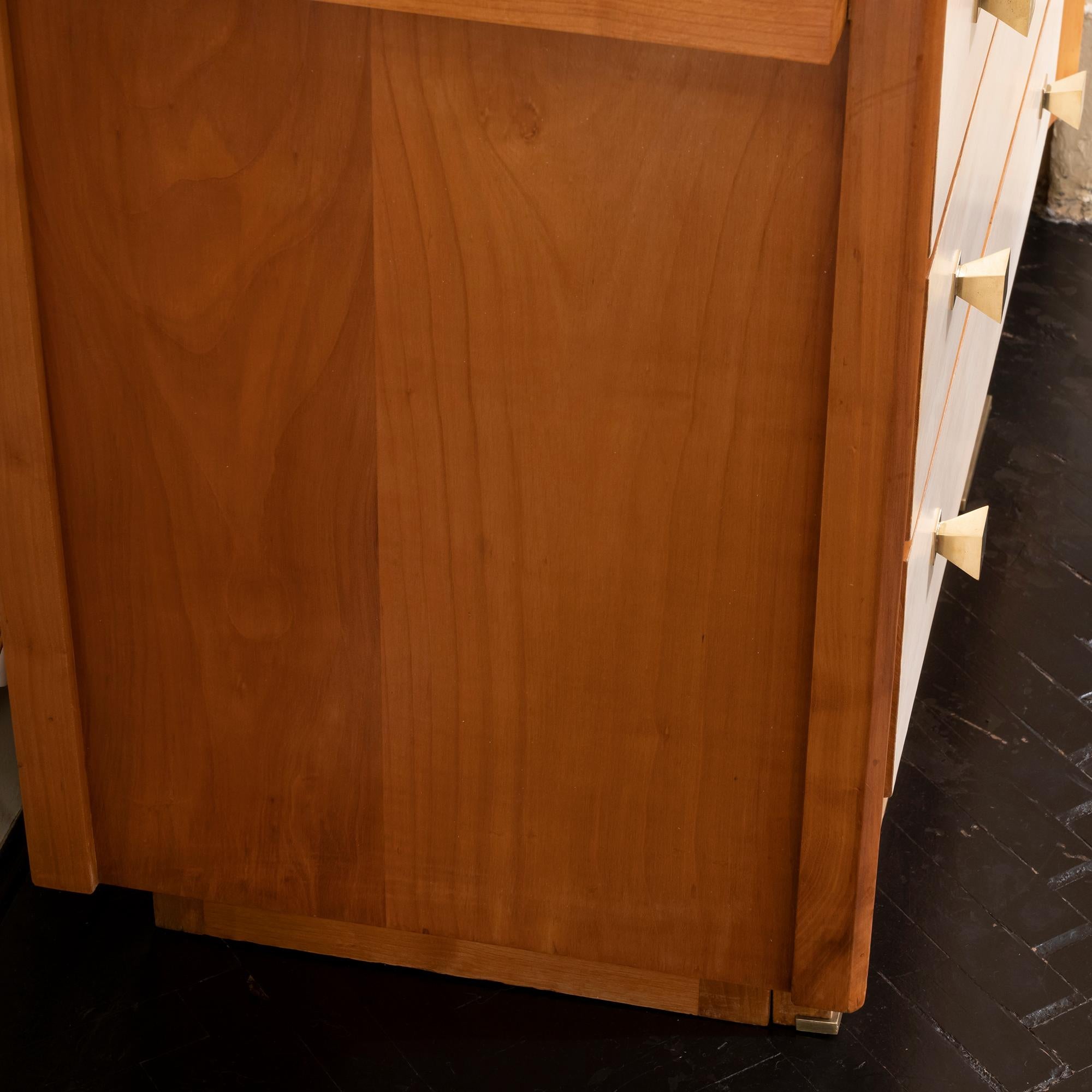 1940s French Oak and Parchment Chest of Drawers, Brass Details 4