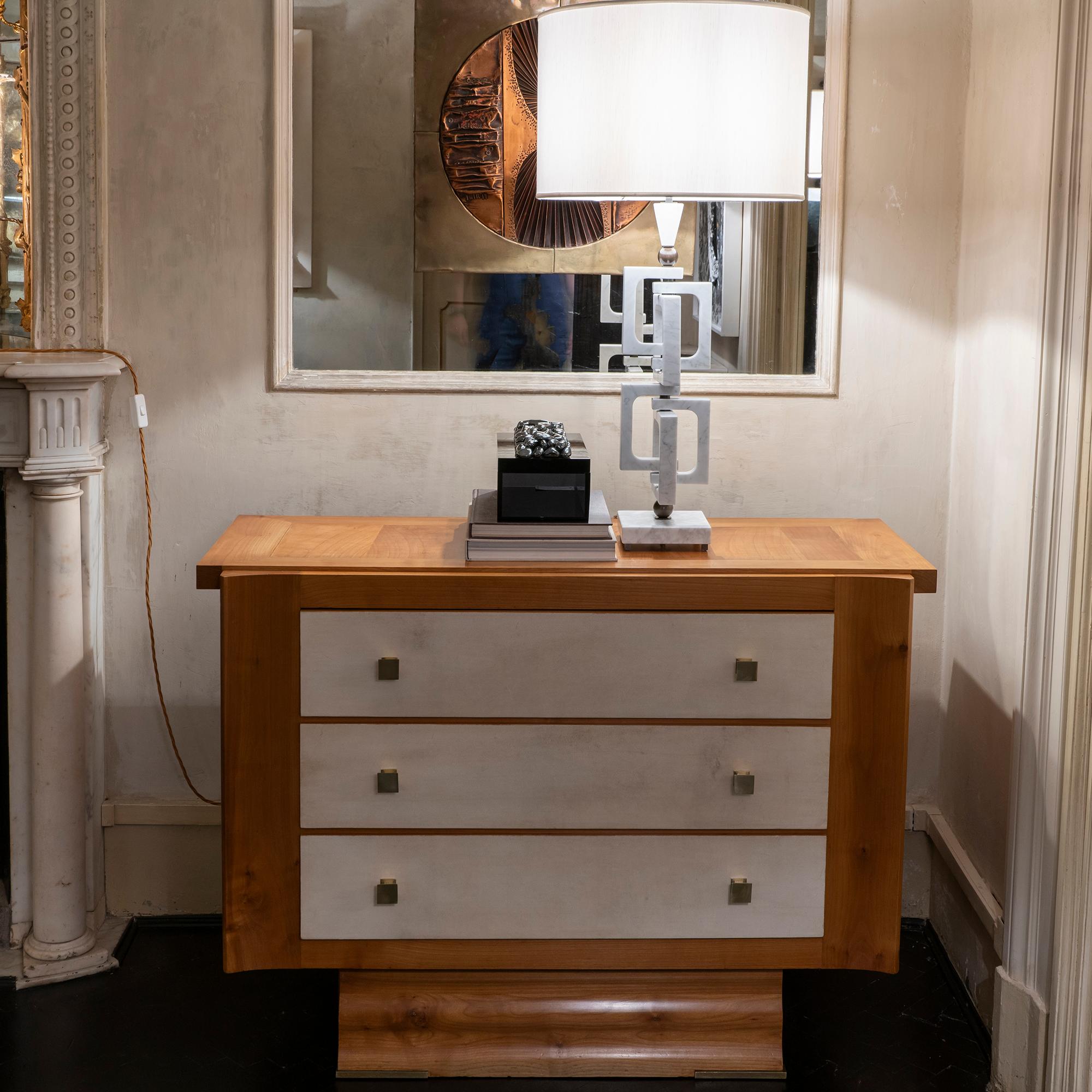 1940s French Oak and Parchment Chest of Drawers, Brass Details 7