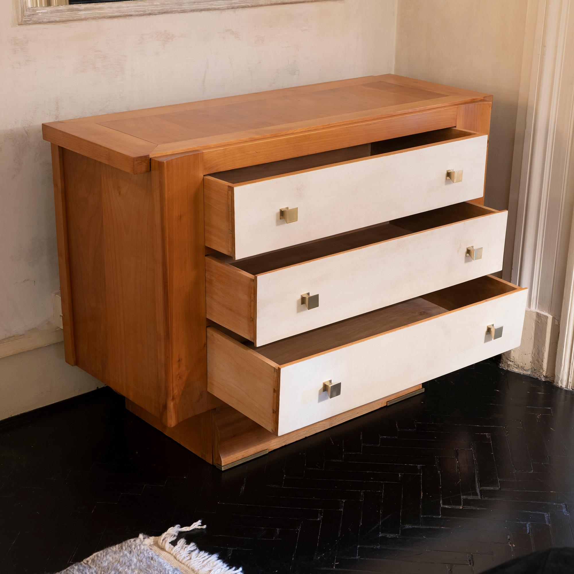Mid-Century Modern 1940s French Oak and Parchment Chest of Drawers, Brass Details