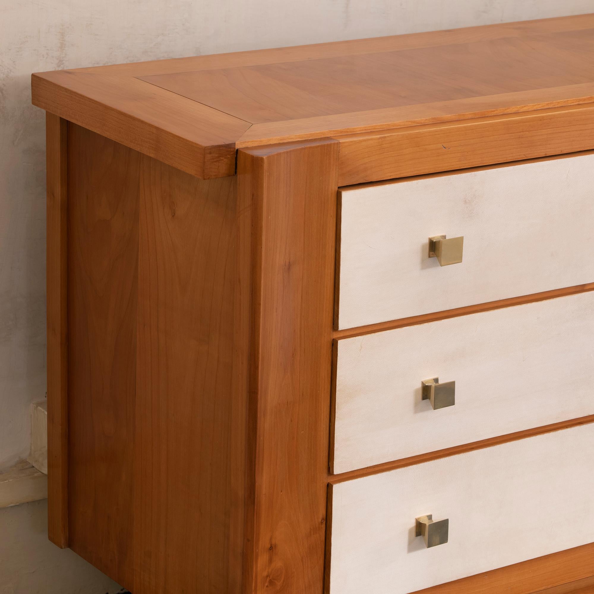 Mid-20th Century 1940s French Oak and Parchment Chest of Drawers, Brass Details