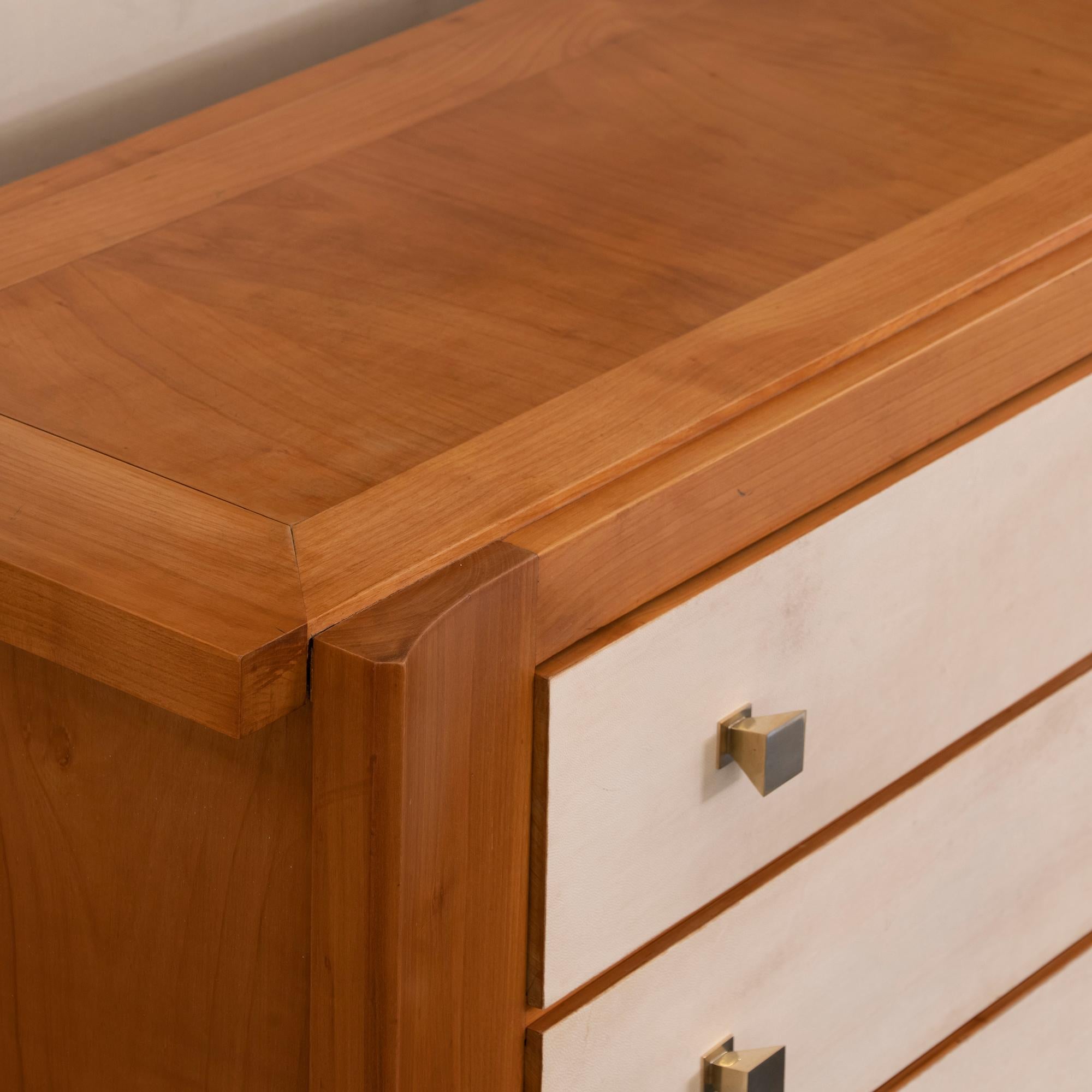 1940s French Oak and Parchment Chest of Drawers, Brass Details 1
