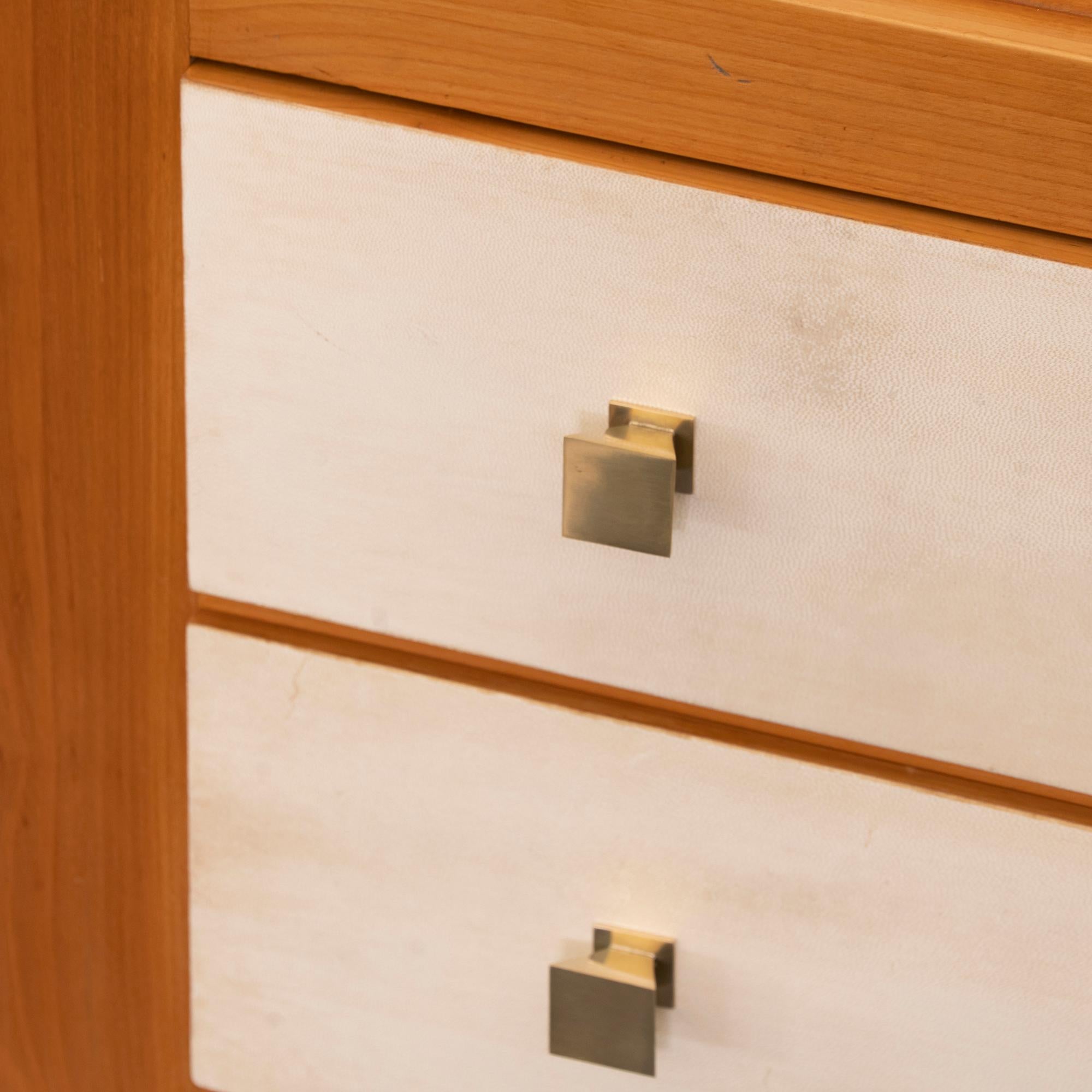 1940s French Oak and Parchment Chest of Drawers, Brass Details 2