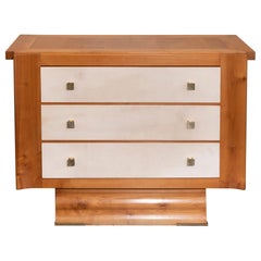 1940s French Oak and Parchment Chest of Drawers, Brass Details