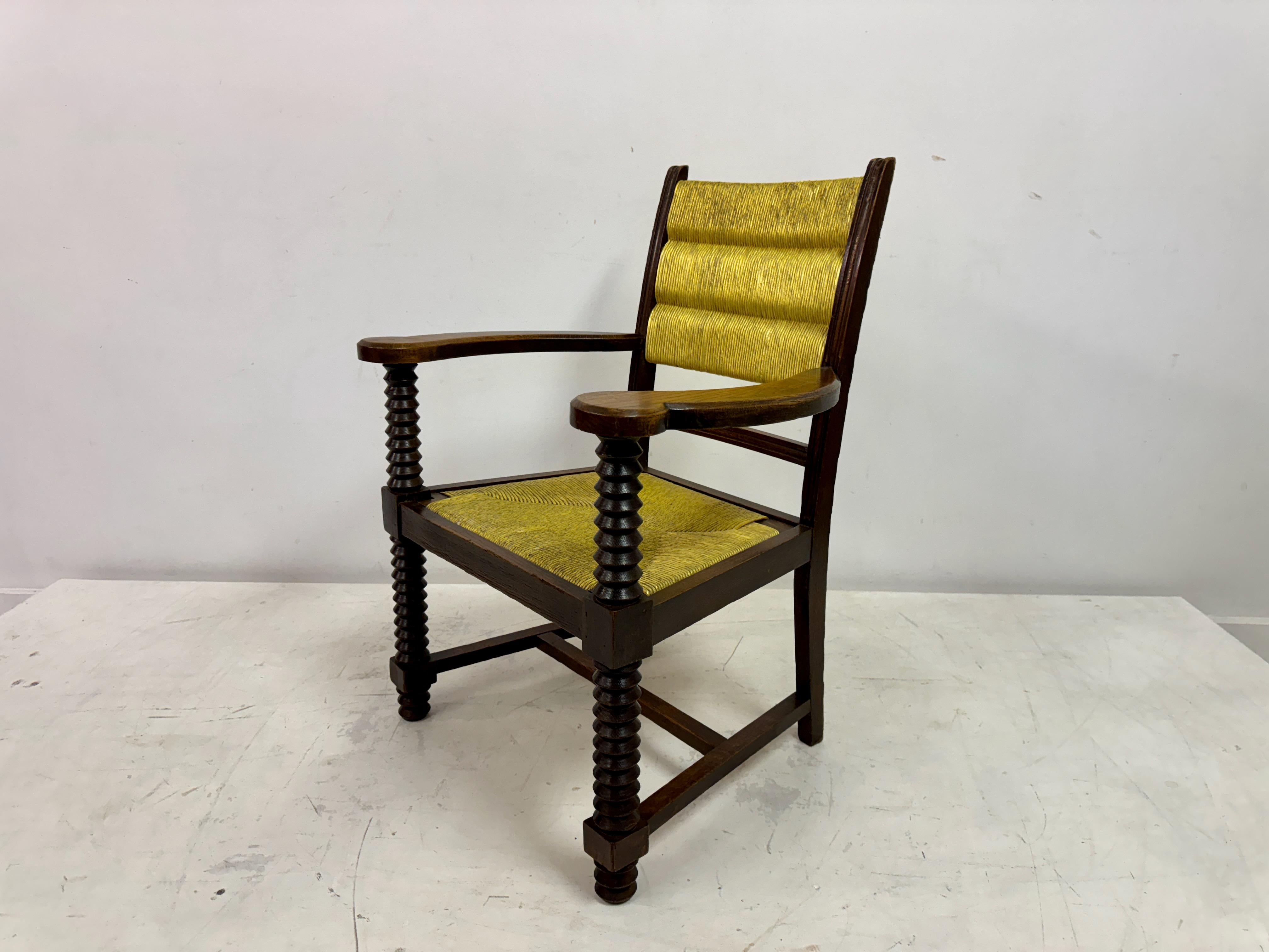 1940s French Oak and Rush Armchair by Charles Dudouyt For Sale 5