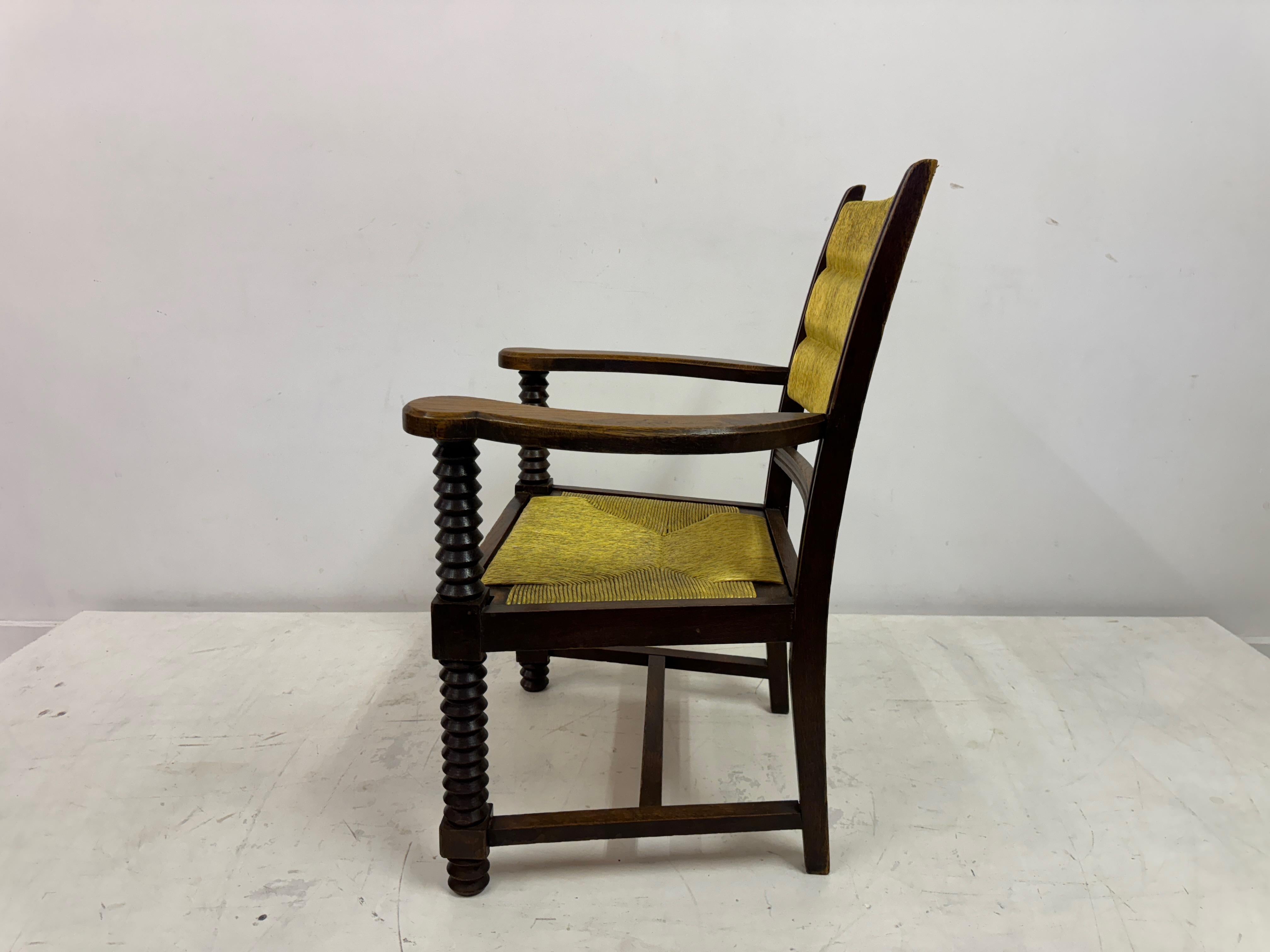 1940s French Oak and Rush Armchair by Charles Dudouyt For Sale 6