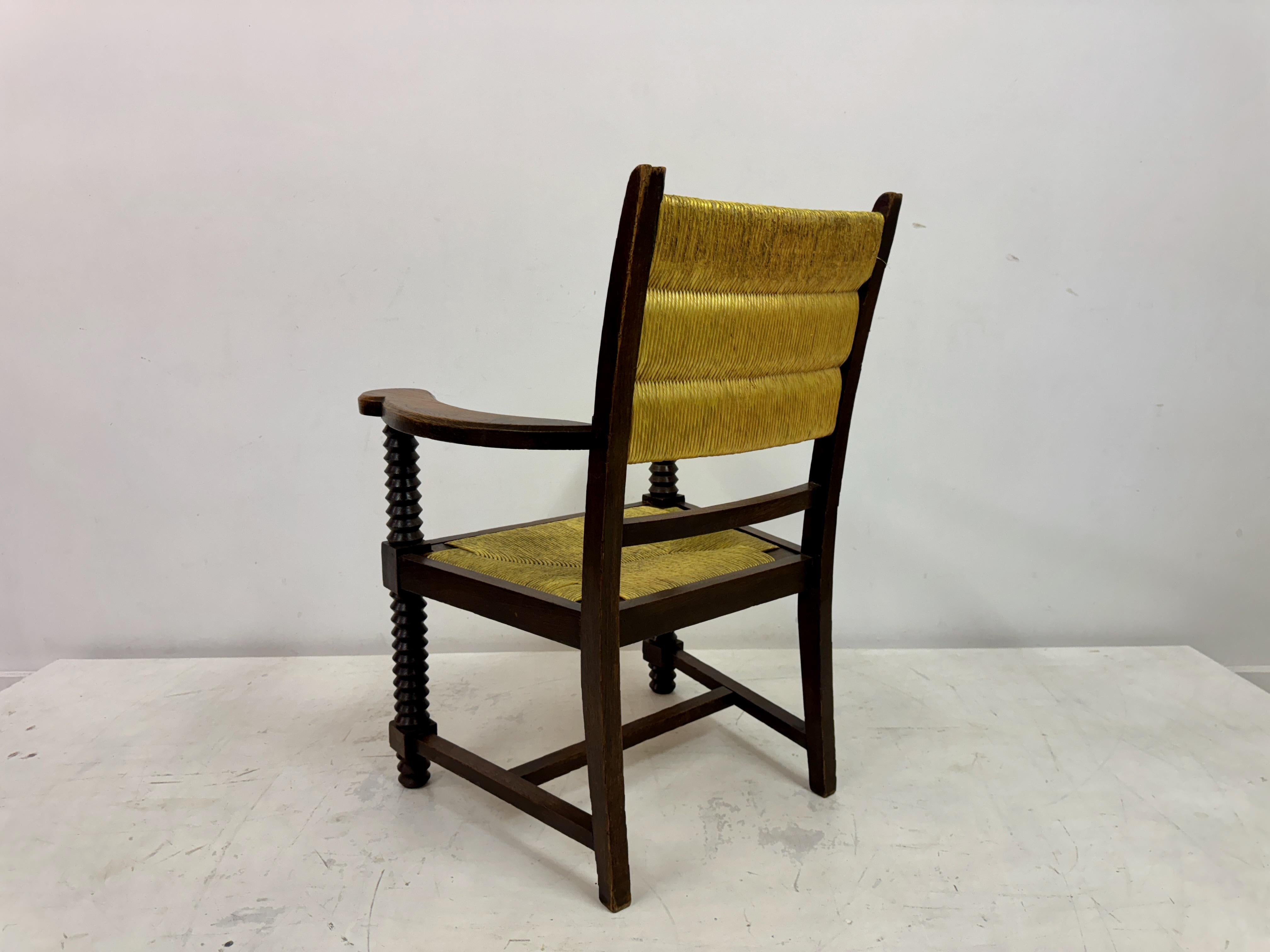1940s French Oak and Rush Armchair by Charles Dudouyt For Sale 7