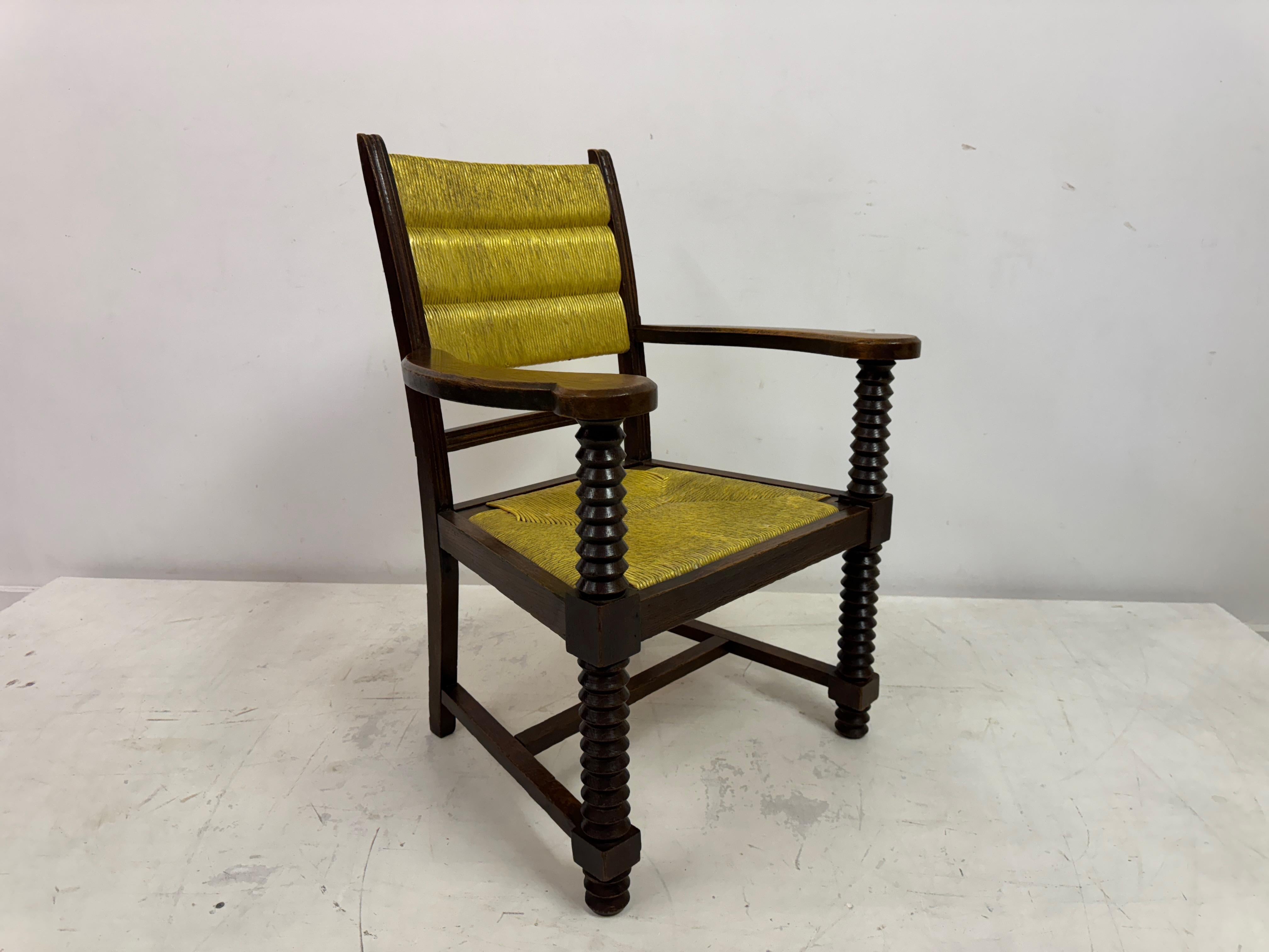 1940s French Oak and Rush Armchair by Charles Dudouyt For Sale 11