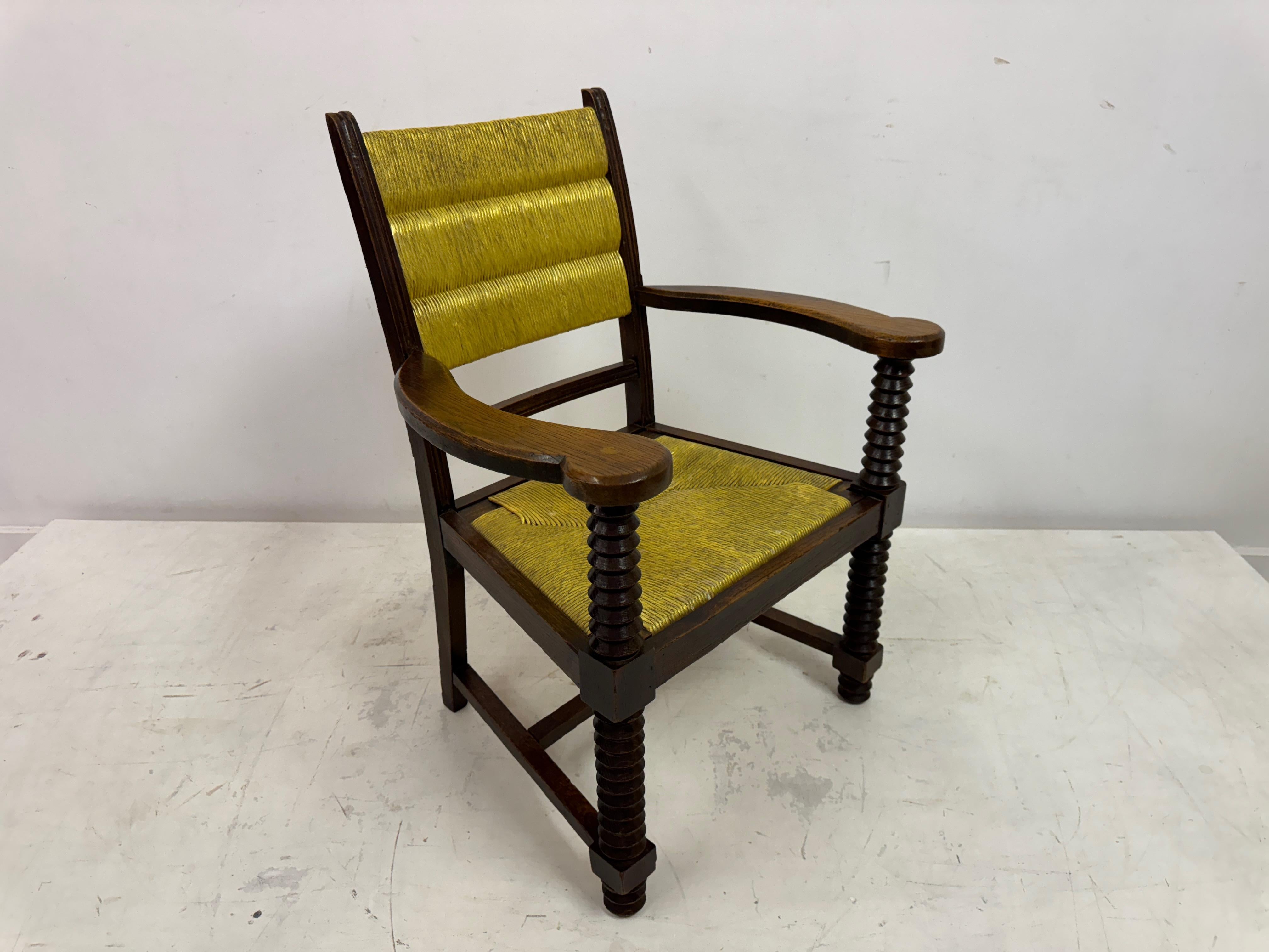 1940s French Oak and Rush Armchair by Charles Dudouyt For Sale 12