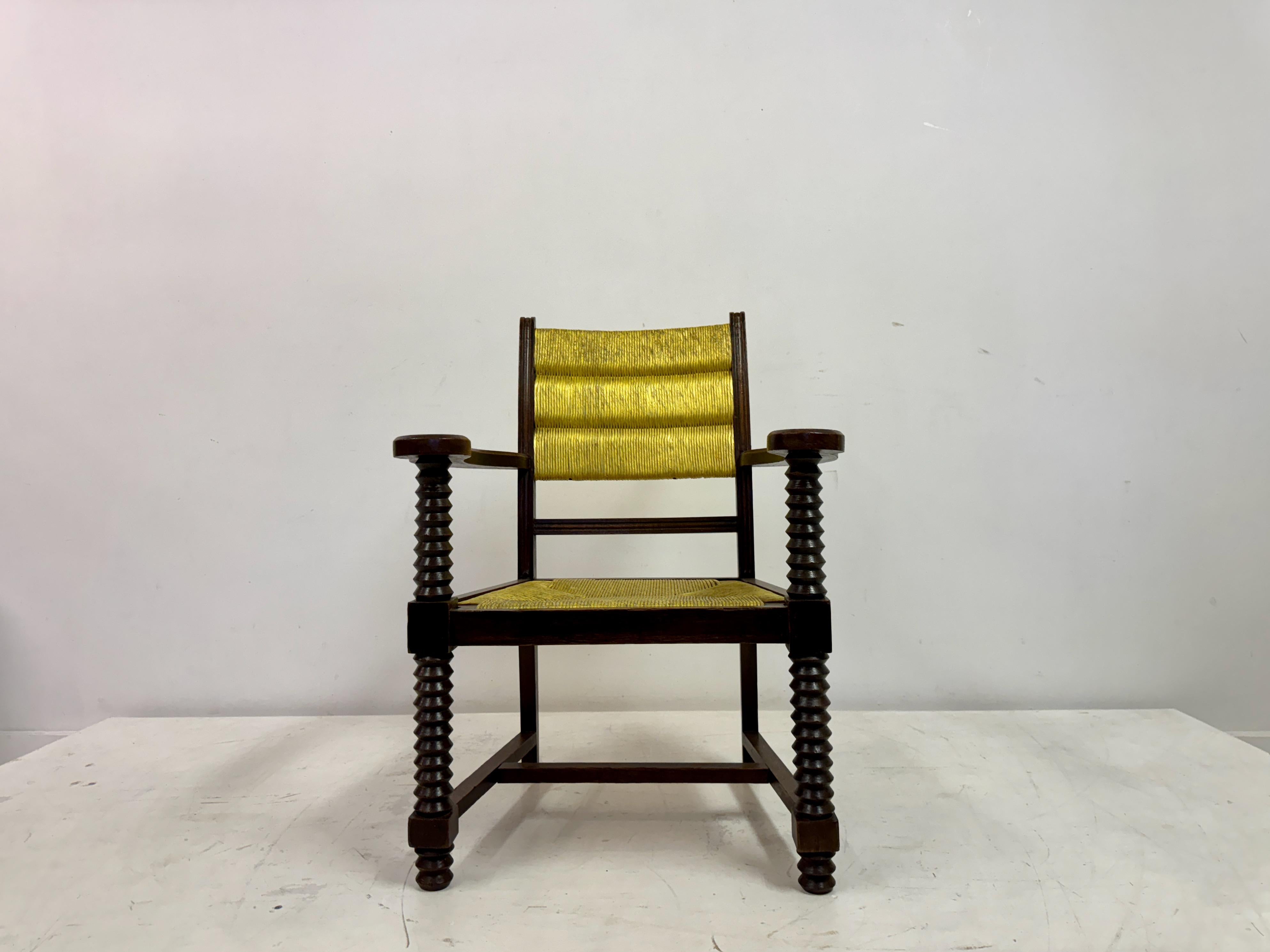 1940s French Oak and Rush Armchair by Charles Dudouyt In Good Condition For Sale In London, London