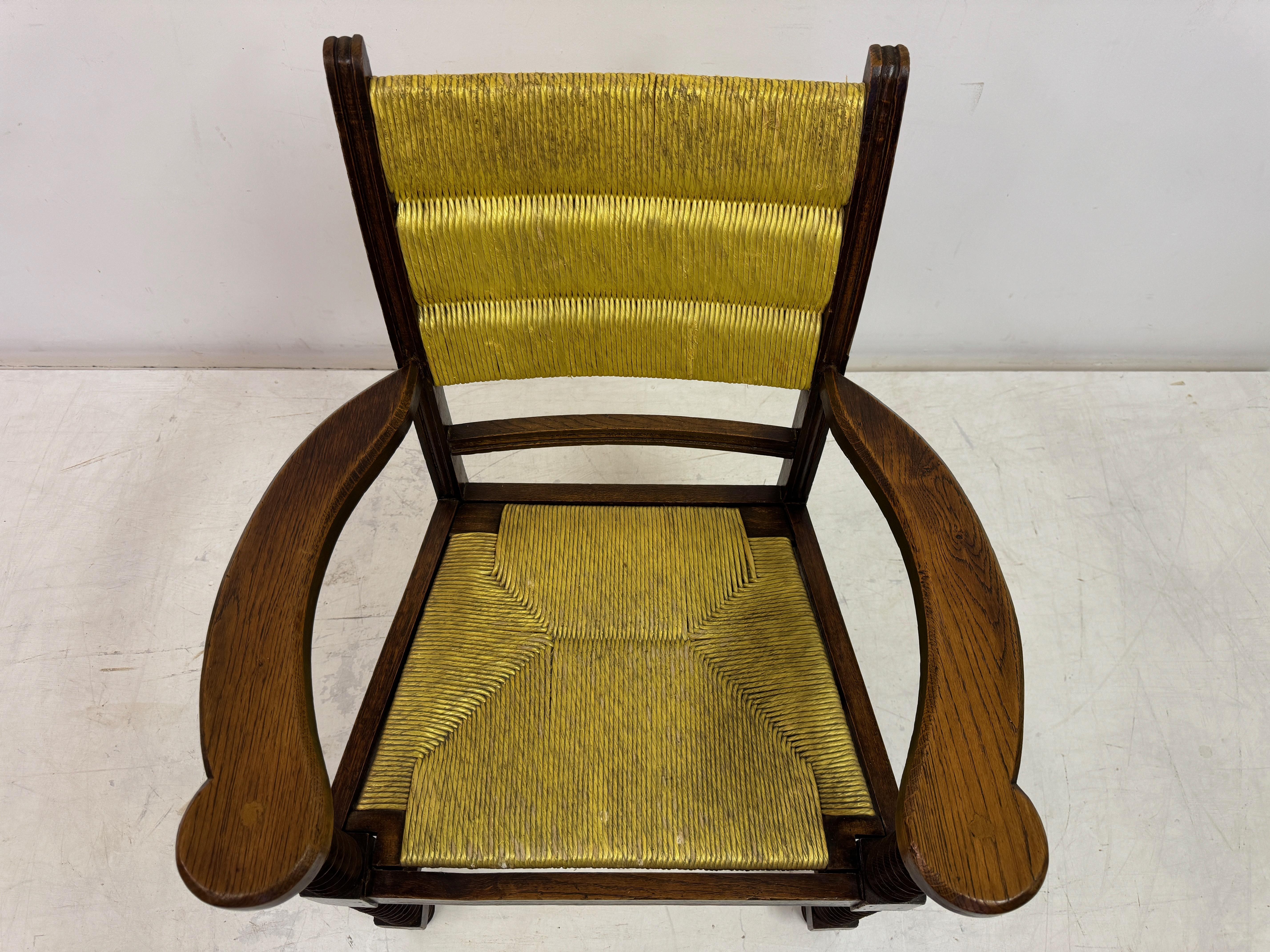 1940s French Oak and Rush Armchair by Charles Dudouyt For Sale 3
