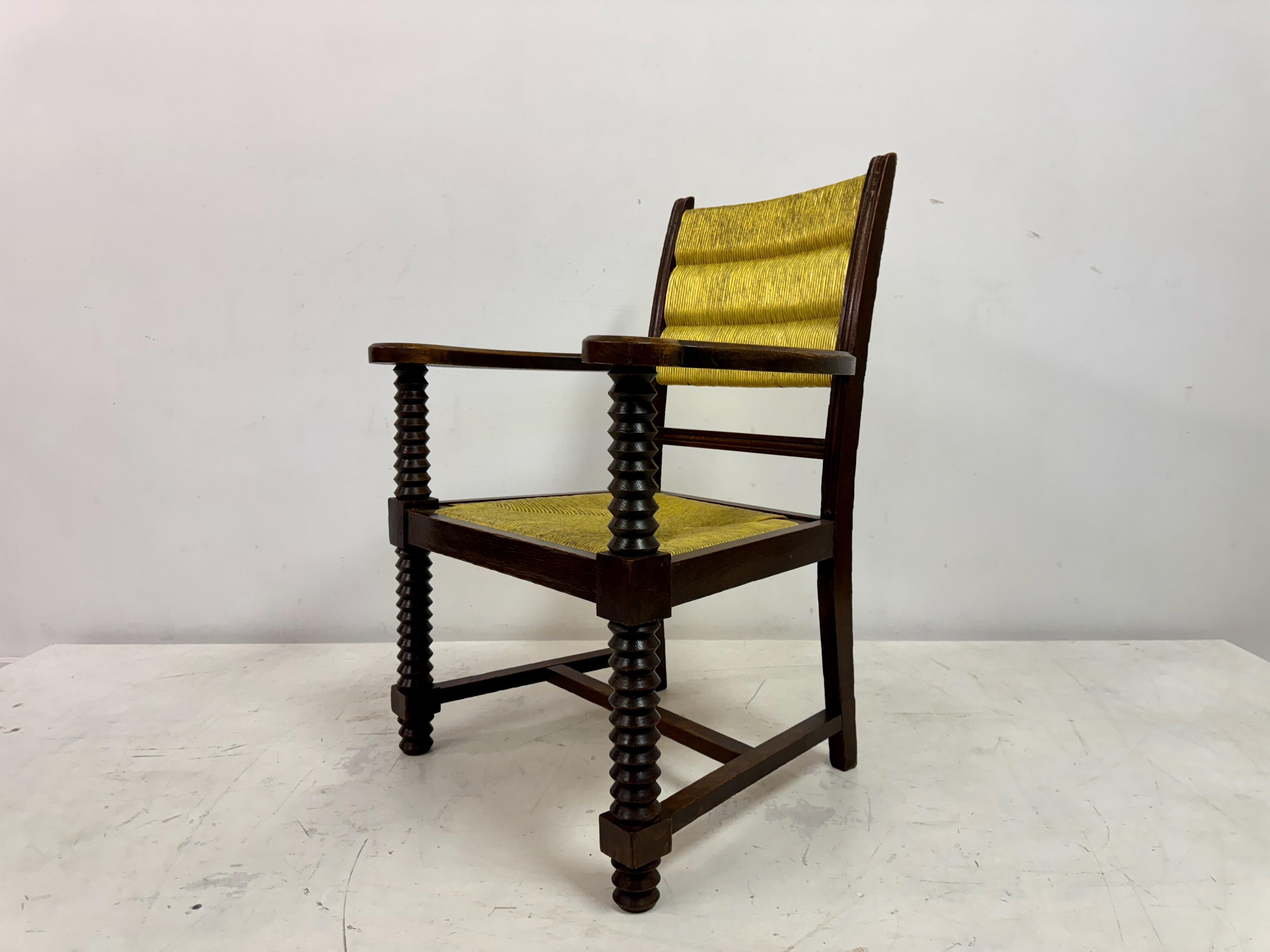 1940s French Oak and Rush Armchair by Charles Dudouyt For Sale 4
