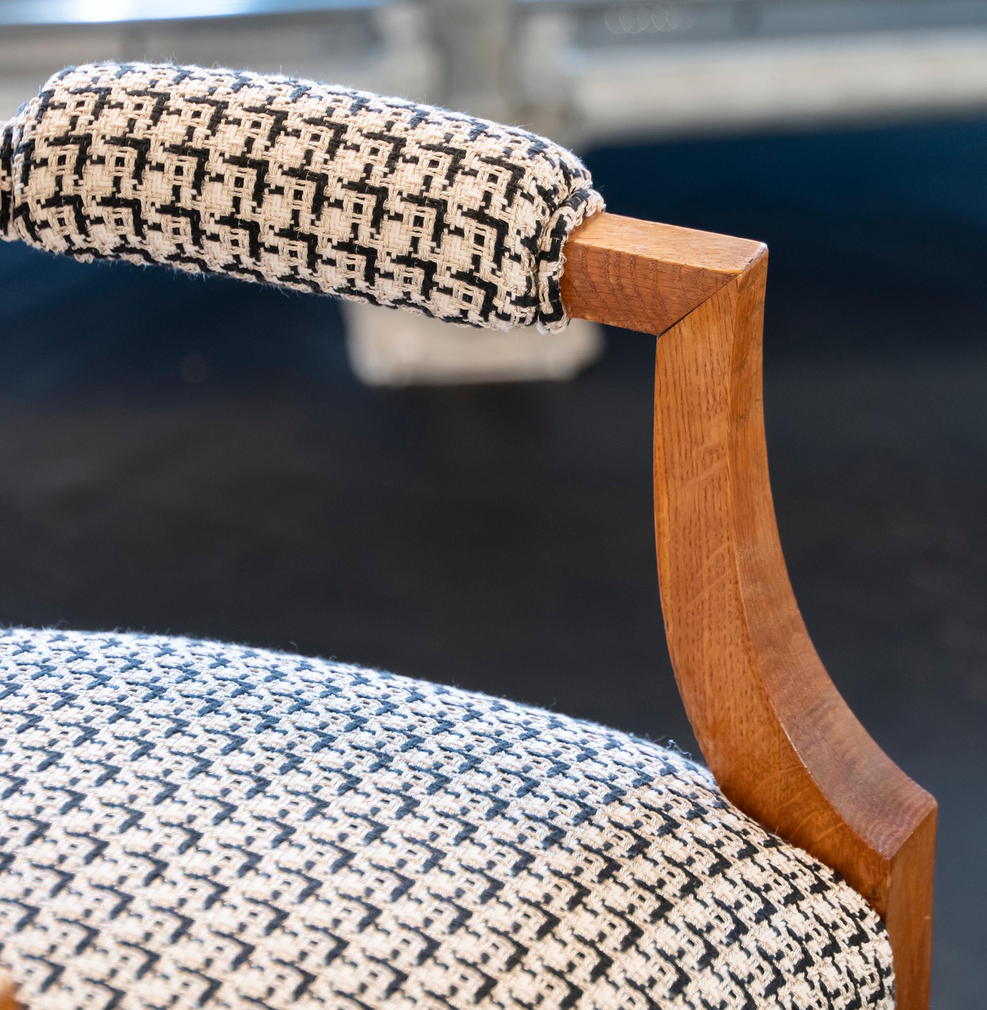 Mid-20th Century 1940s French Oak Armchair Black and White Jacquard Fabric