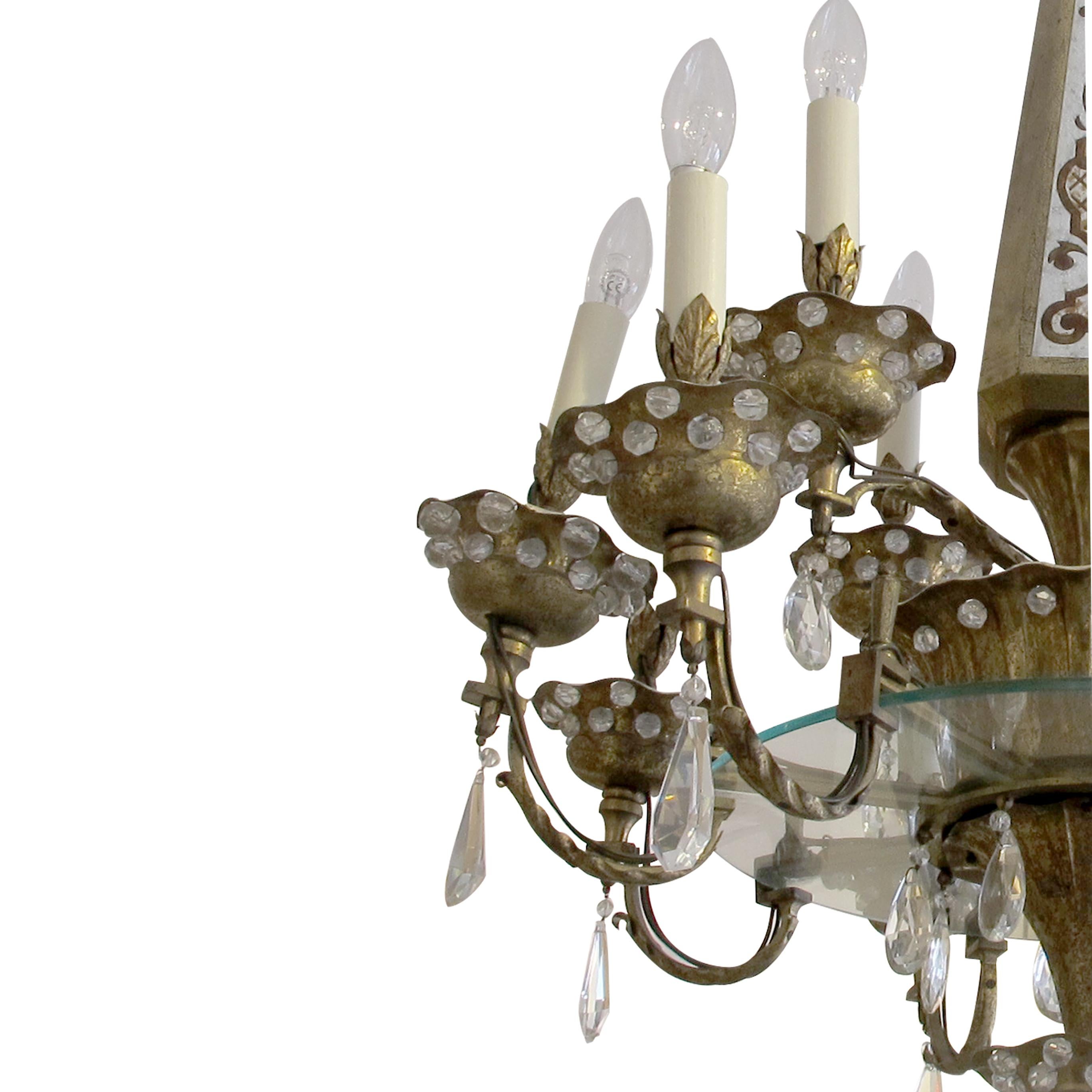 1940s French Obelisk Twelve Branch Gilt Metal Chandelier by Maison Baguès In Fair Condition In London, GB