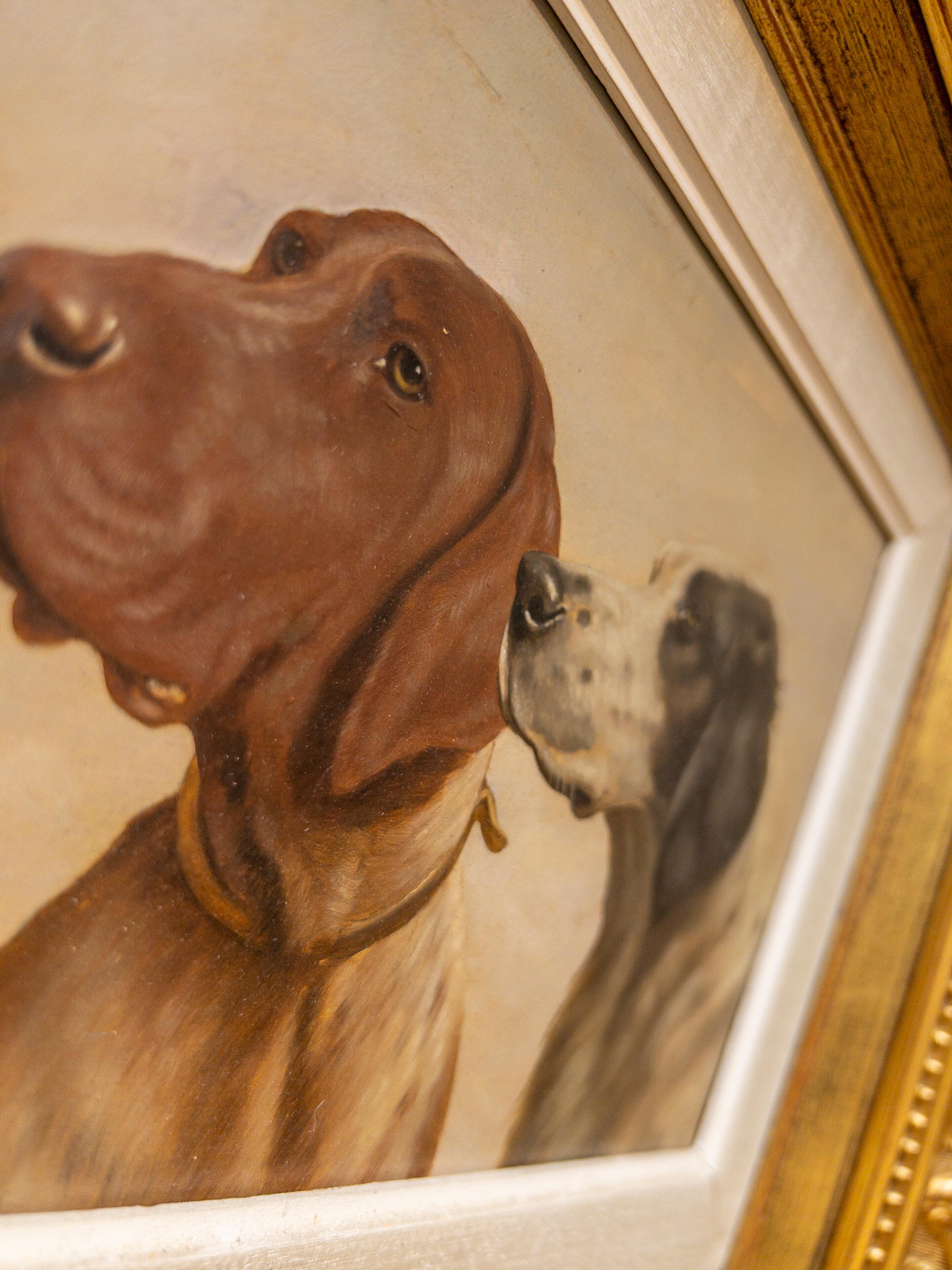 1940’s French Oil on Board “Treat Time” in Gilt Frame For Sale 6