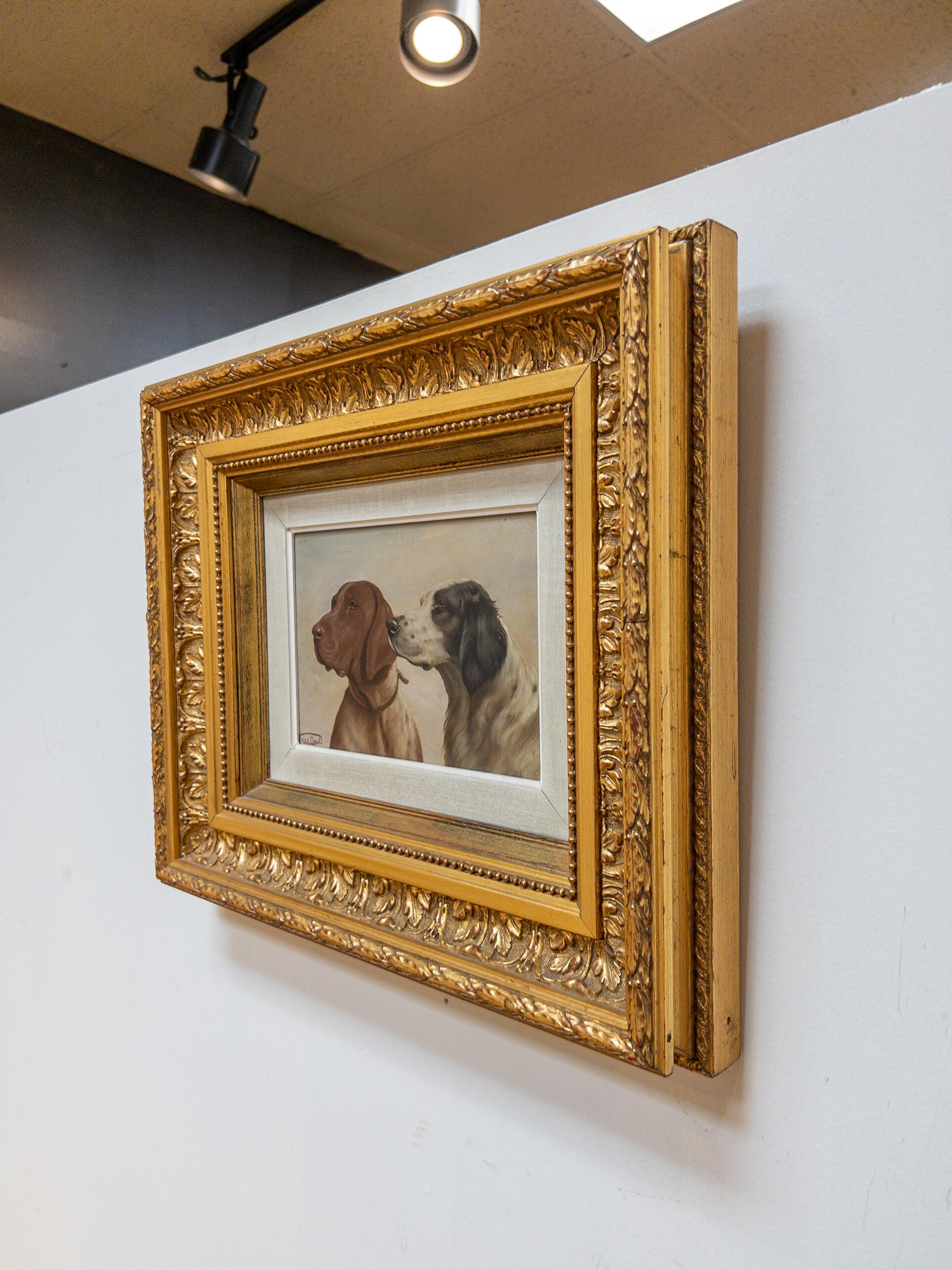 1940’s French Oil on Board “Treat Time” in Gilt Frame In Good Condition For Sale In Houston, TX