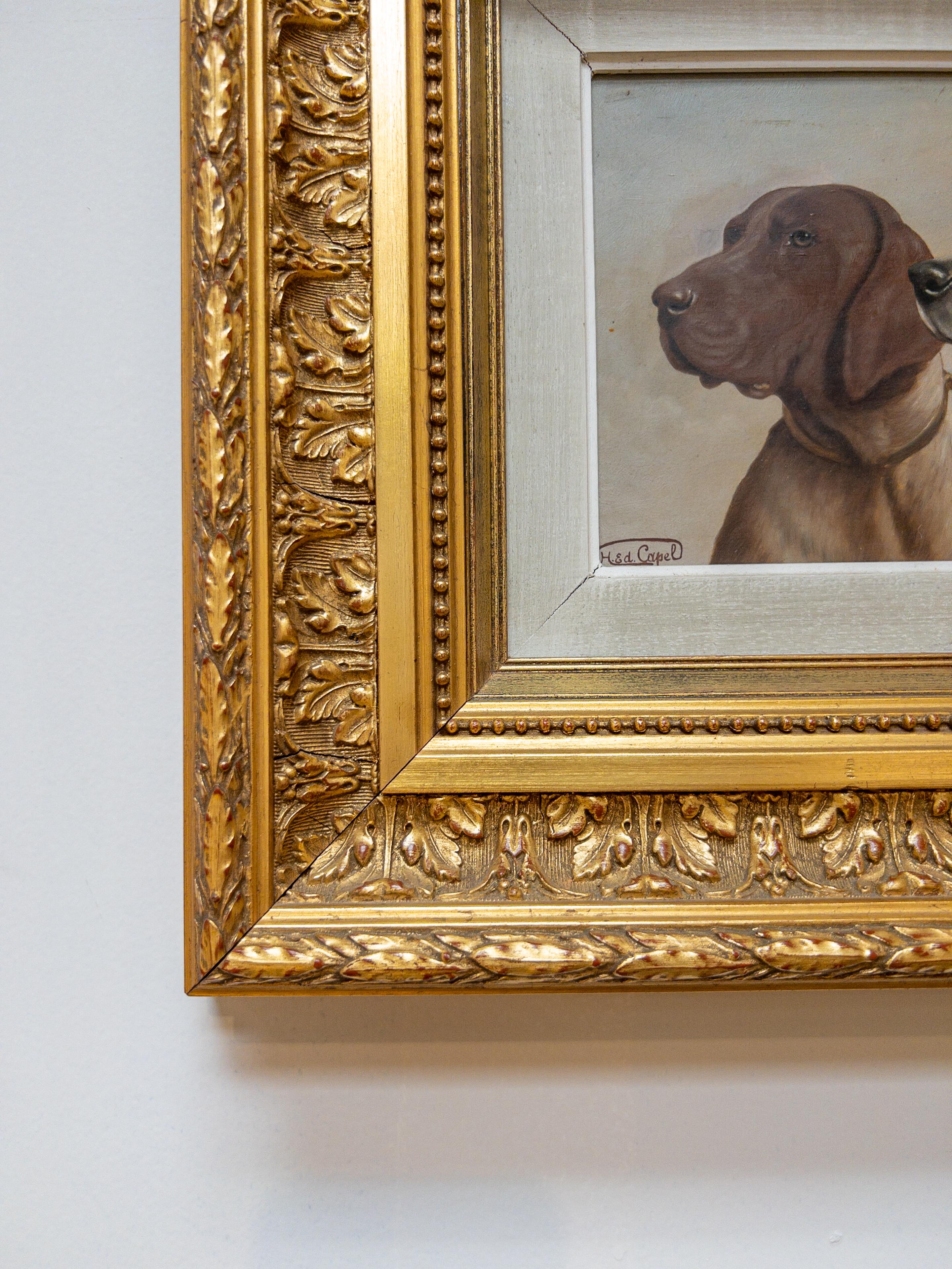Wood 1940’s French Oil on Board “Treat Time” in Gilt Frame For Sale