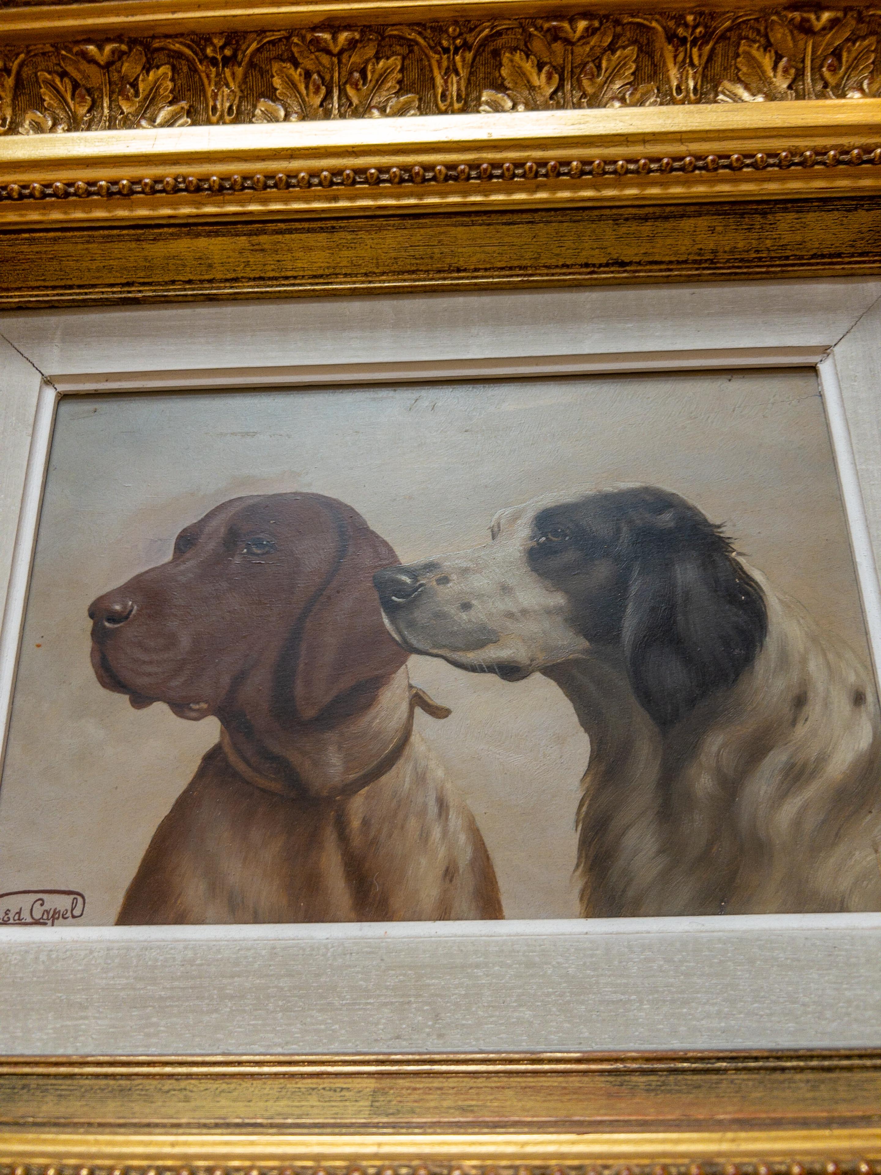 1940’s French Oil on Board “Treat Time” in Gilt Frame For Sale 2