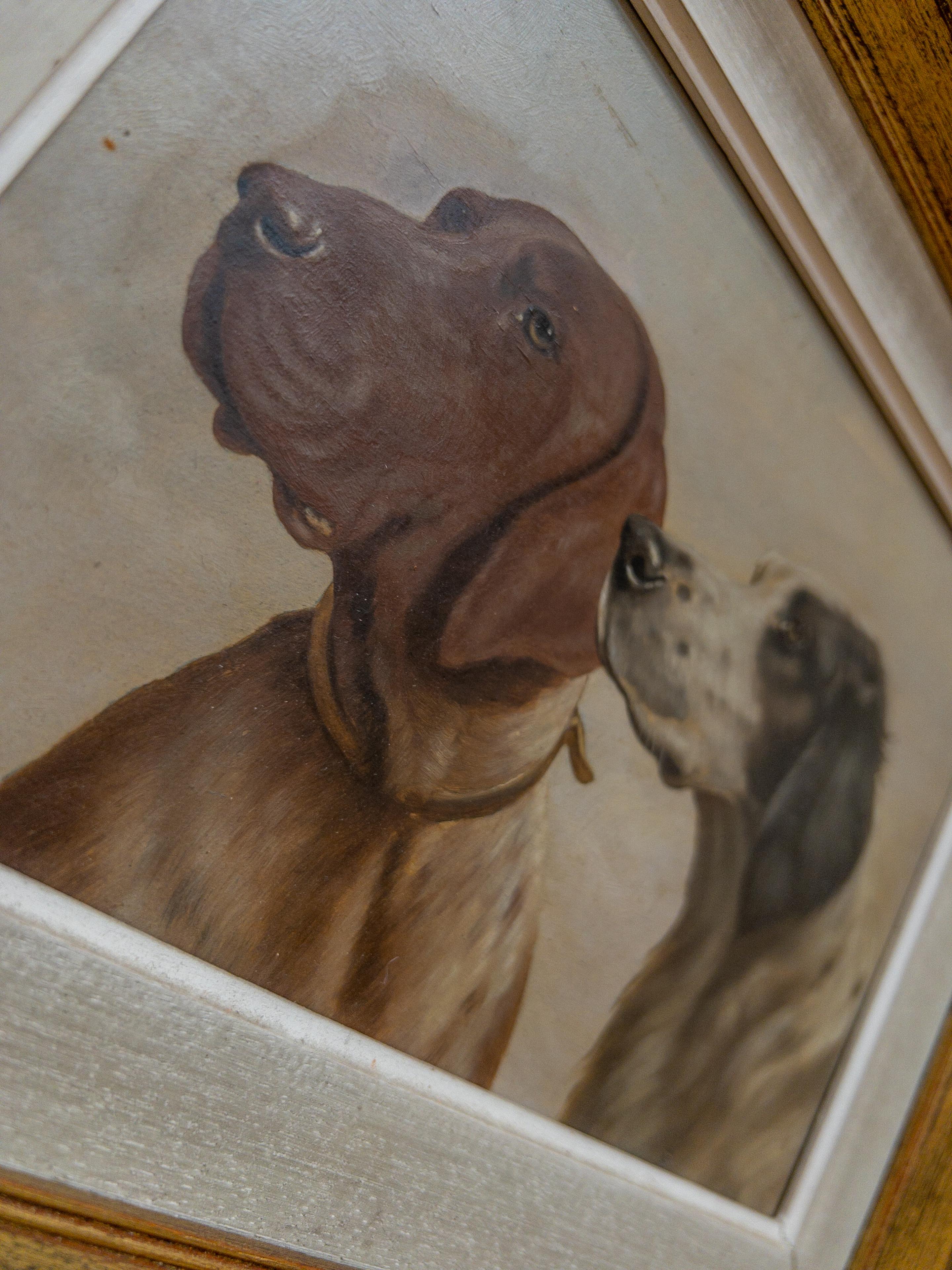1940’s French Oil on Board “Treat Time” in Gilt Frame For Sale 3