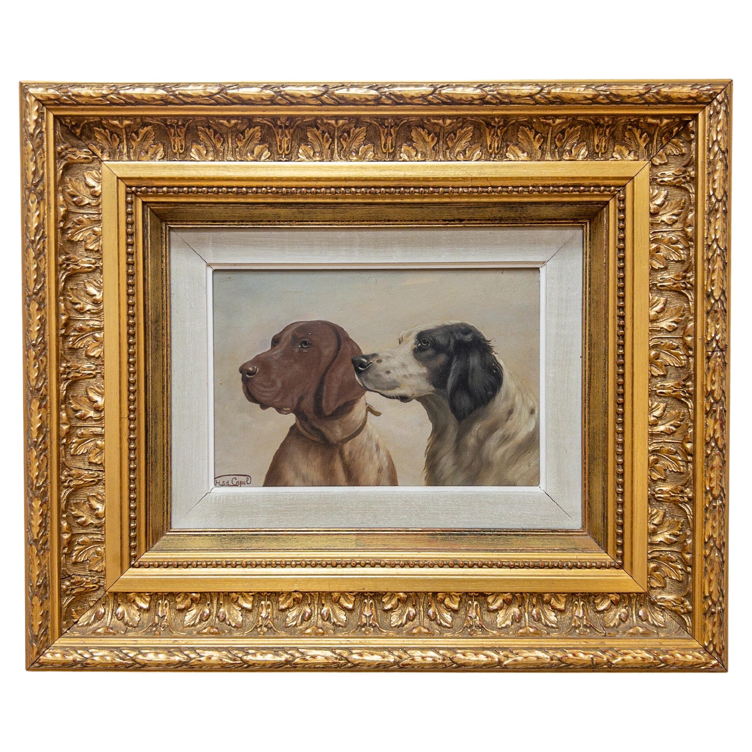 1940’s French Oil on Board “Treat Time” in Gilt Frame For Sale