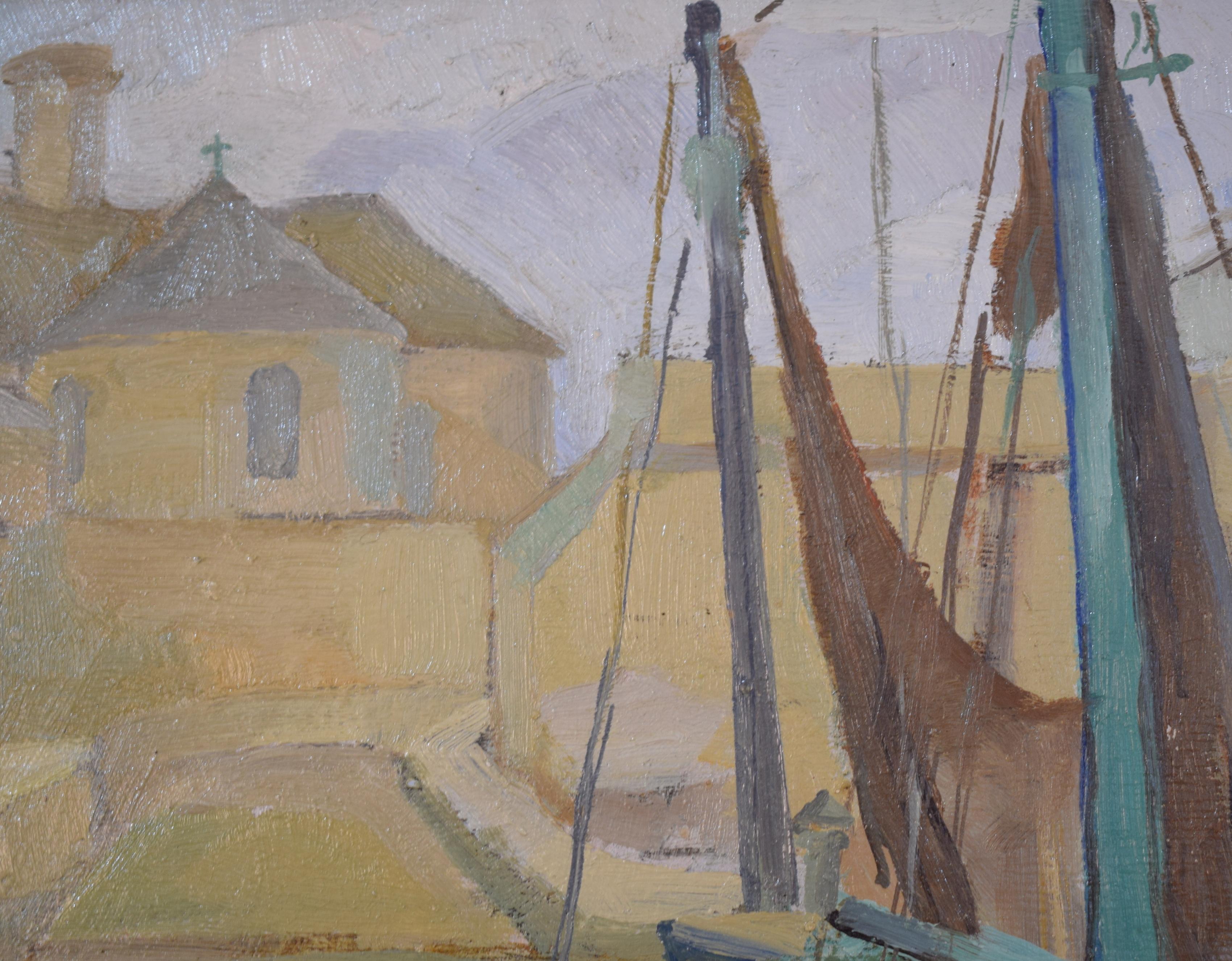 Mid-20th Century 1940s French Oil Painting with Harbor Scene