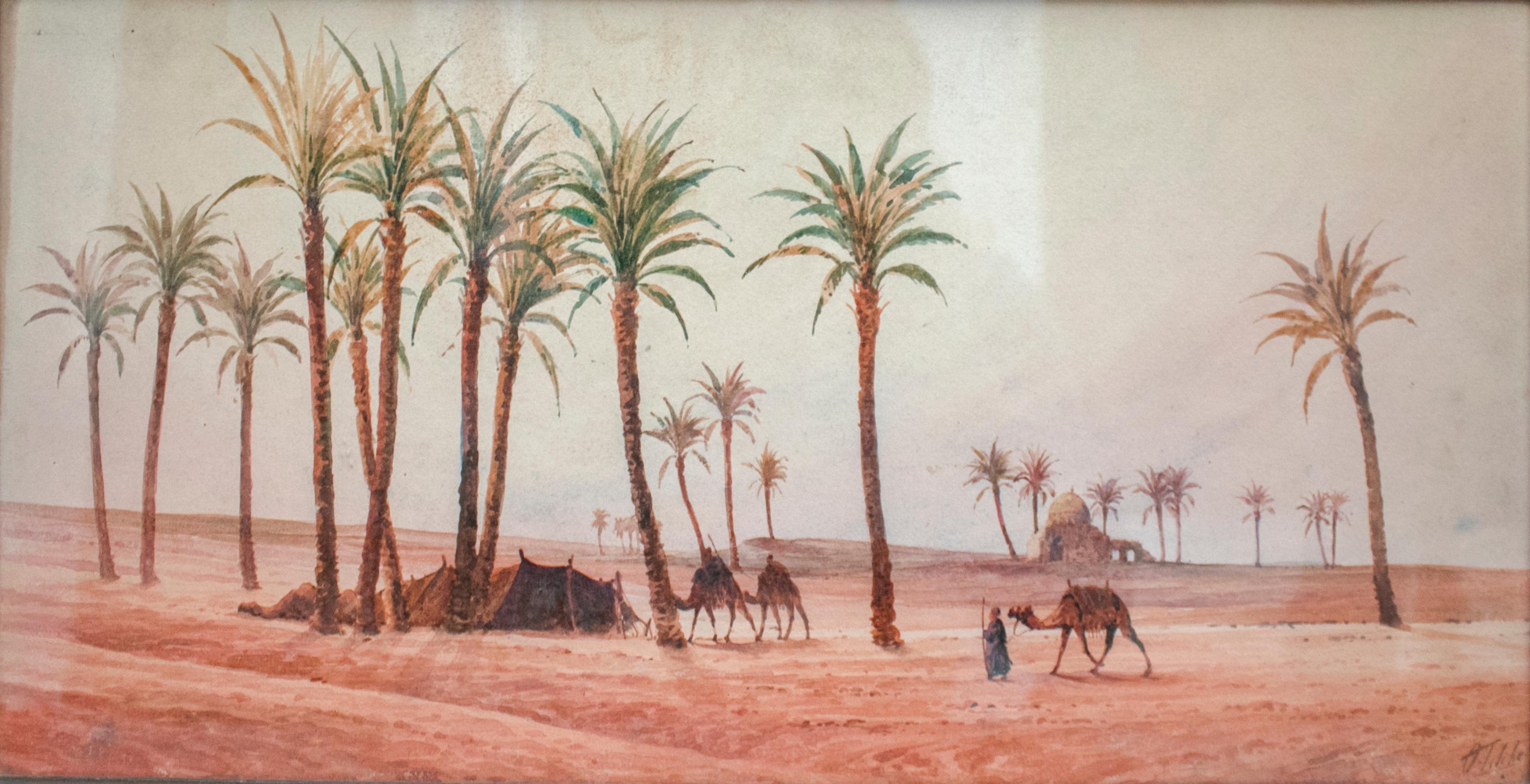 1940s French Orientalist oasis watercolor signed painting.

Dimensions with frame: 30 x 53.5 x 1.5cm.