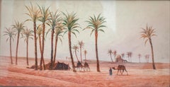 1940s French Orientalist Oasis Watercolor Signed