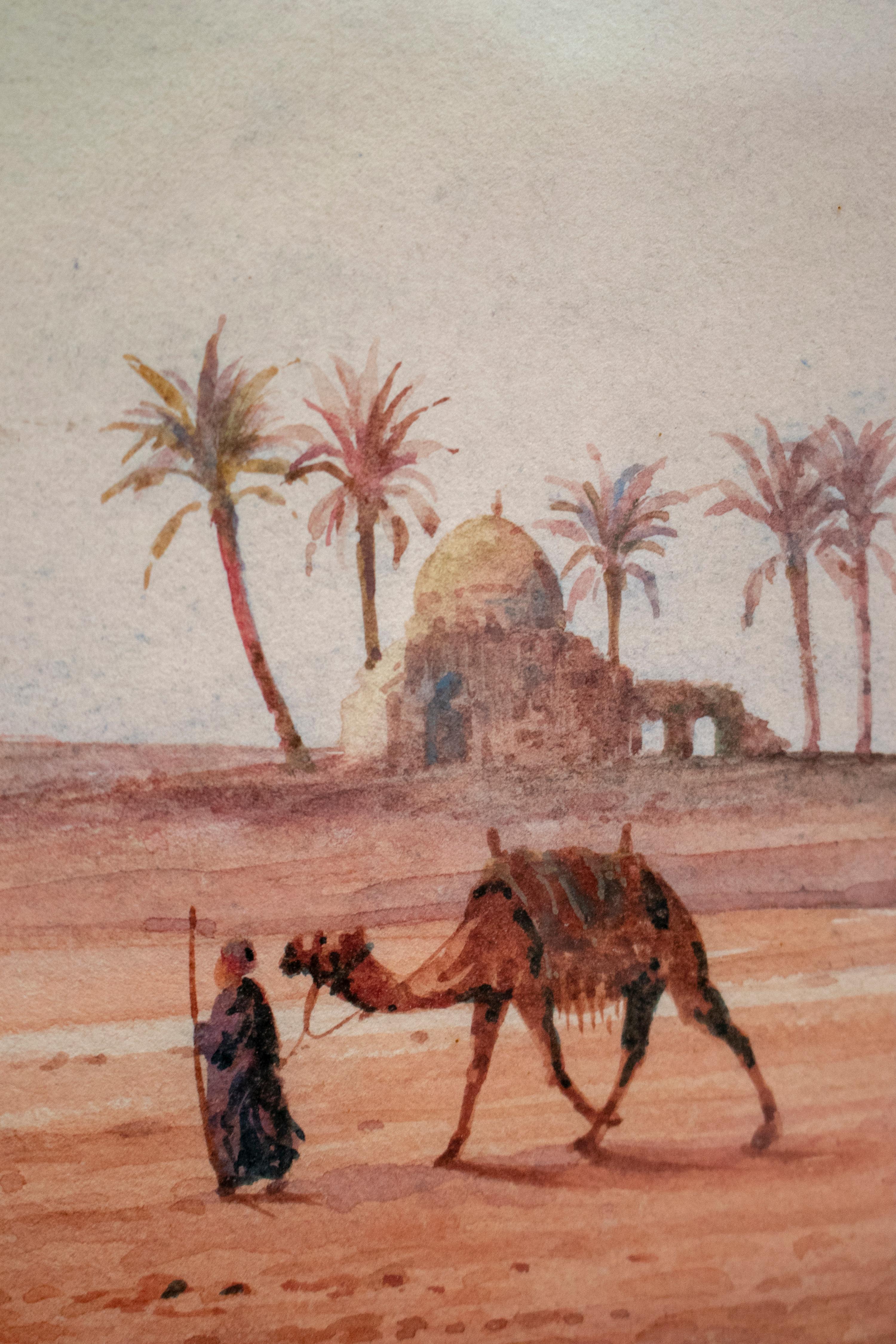 20th Century 1940s French Orientalist Oasis Watercolor Signed