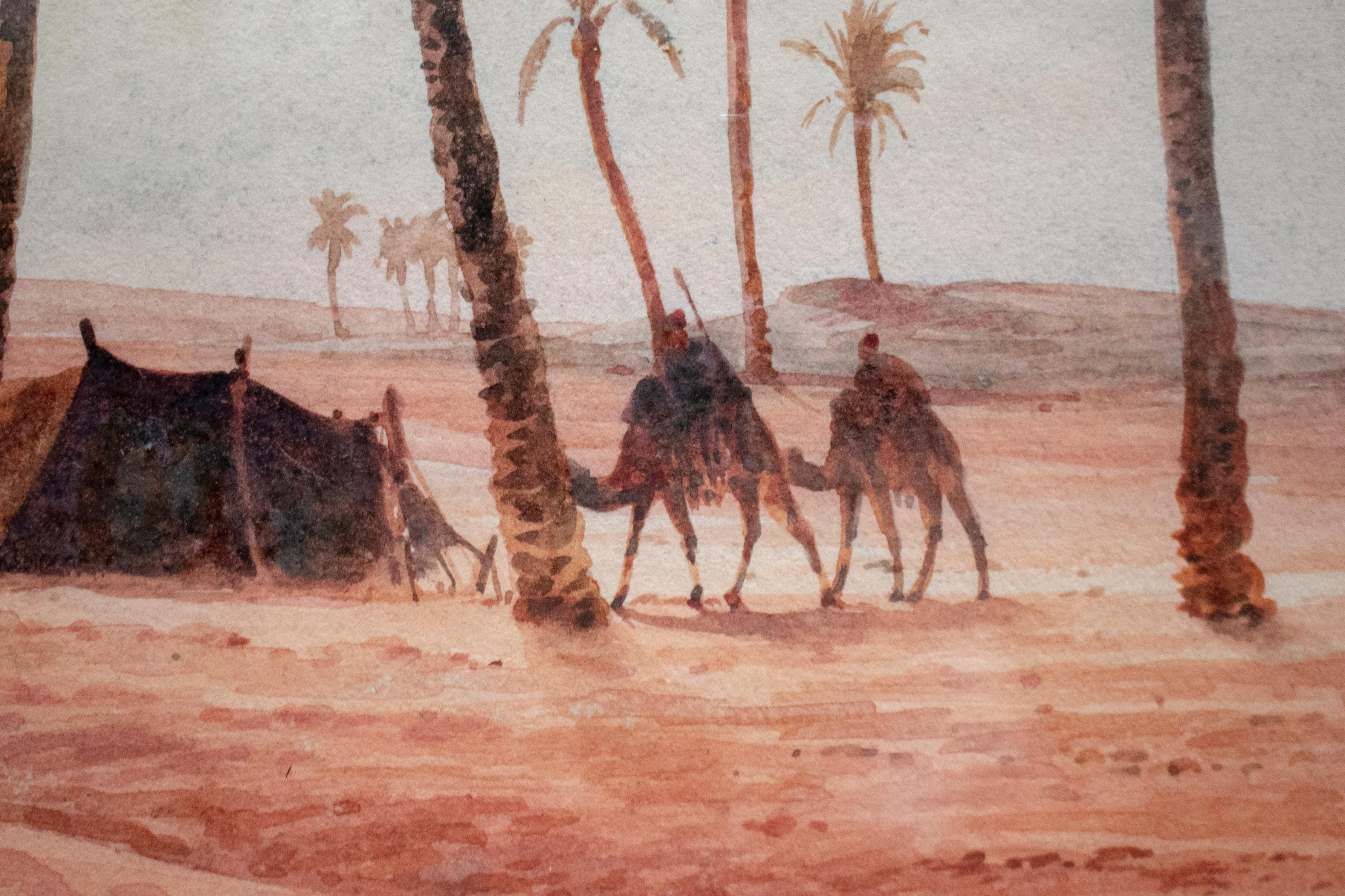 Paint 1940s French Orientalist Oasis Watercolor Signed