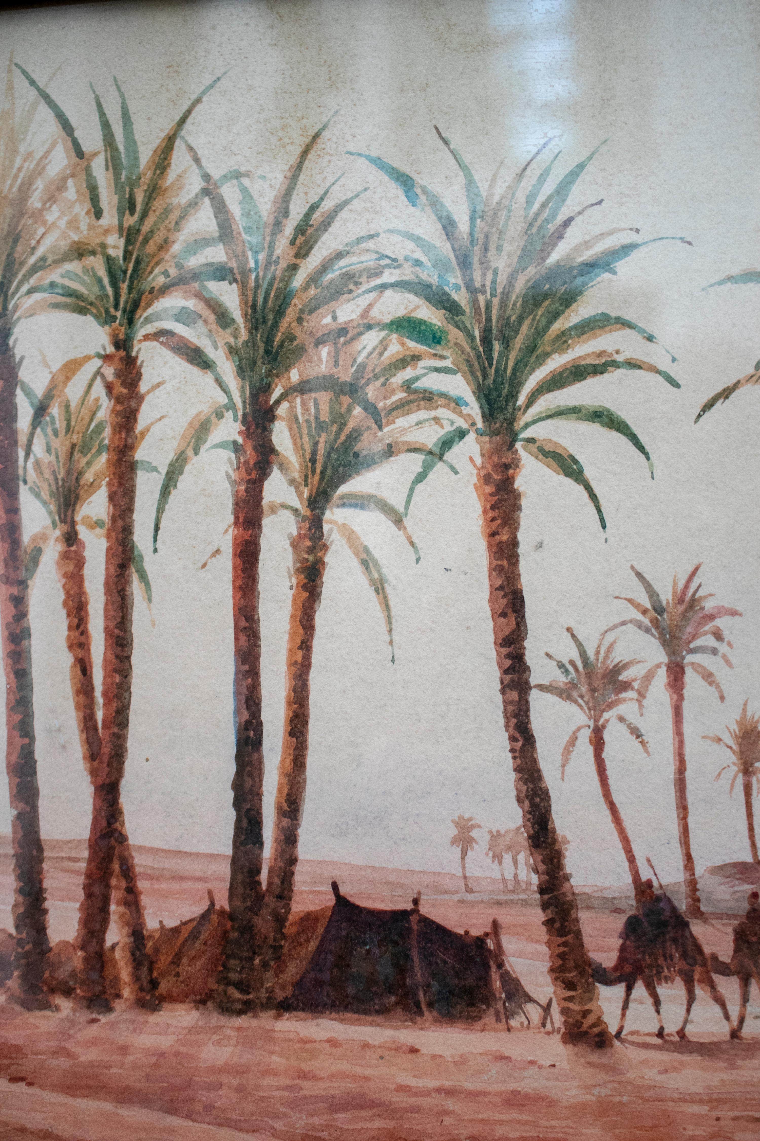 1940s French Orientalist Oasis Watercolor Signed 1